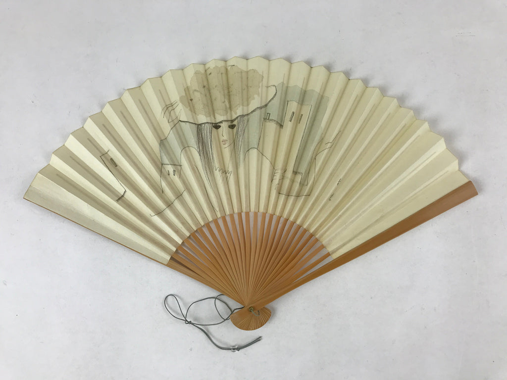 Japanese Folding Fan Sensu Vtg Bamboo Frame Retro Woman Cityscape Design 4D755
