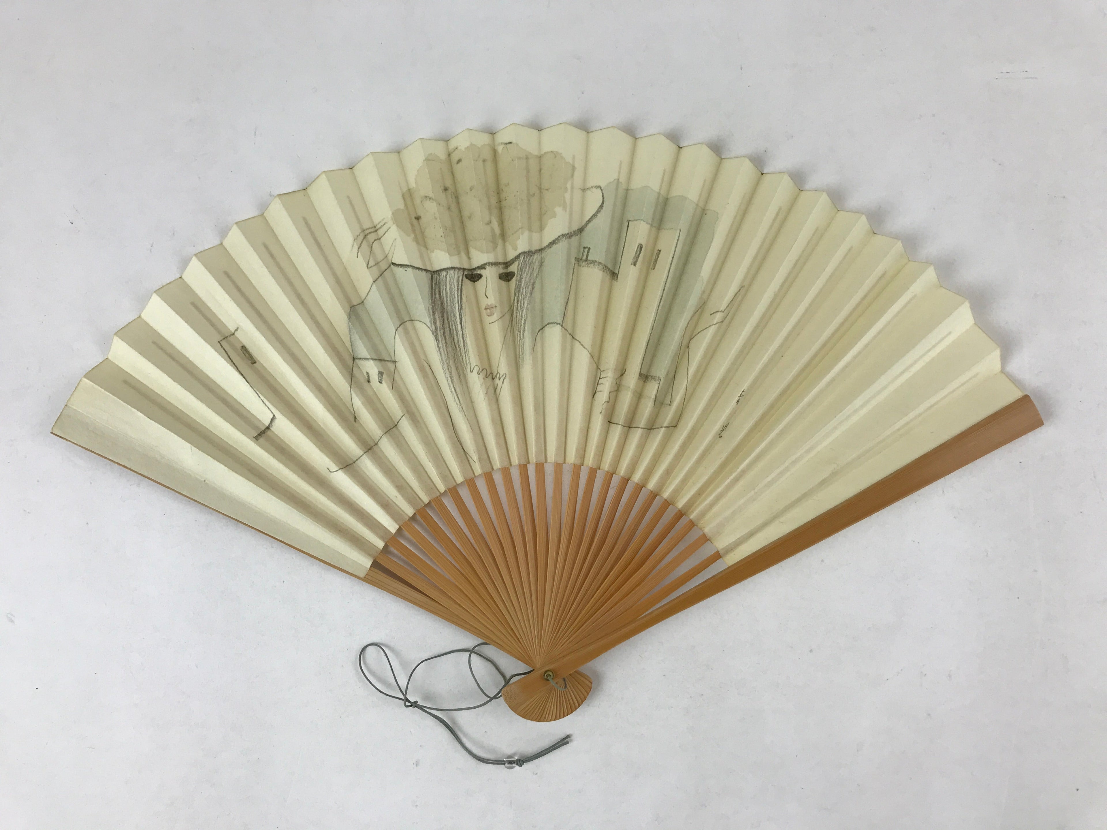 Japanese Folding Fan Sensu Vtg Bamboo Frame Retro Woman Cityscape Design 4D755