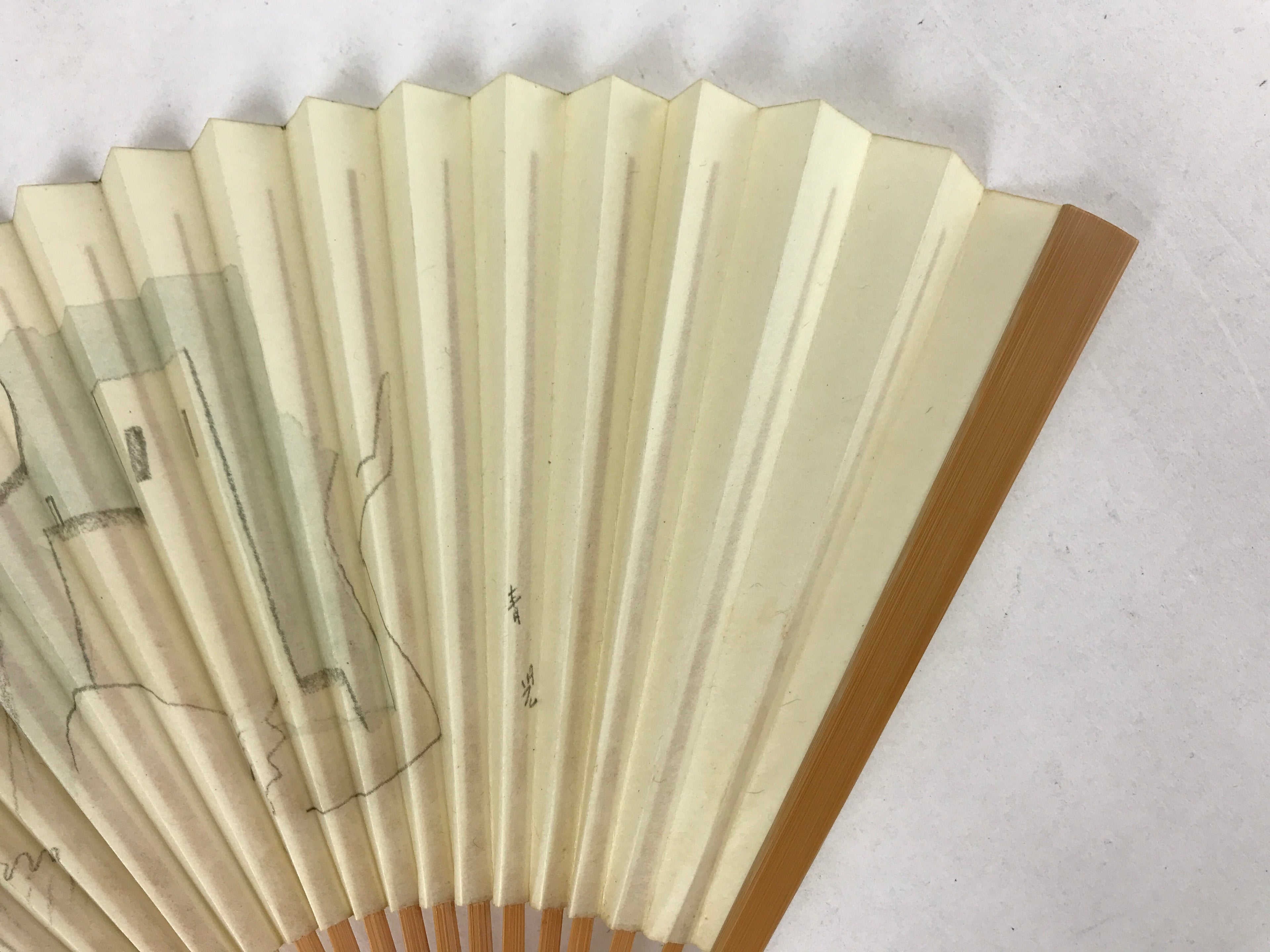Japanese Folding Fan Sensu Vtg Bamboo Frame Retro Woman Cityscape Design 4D755