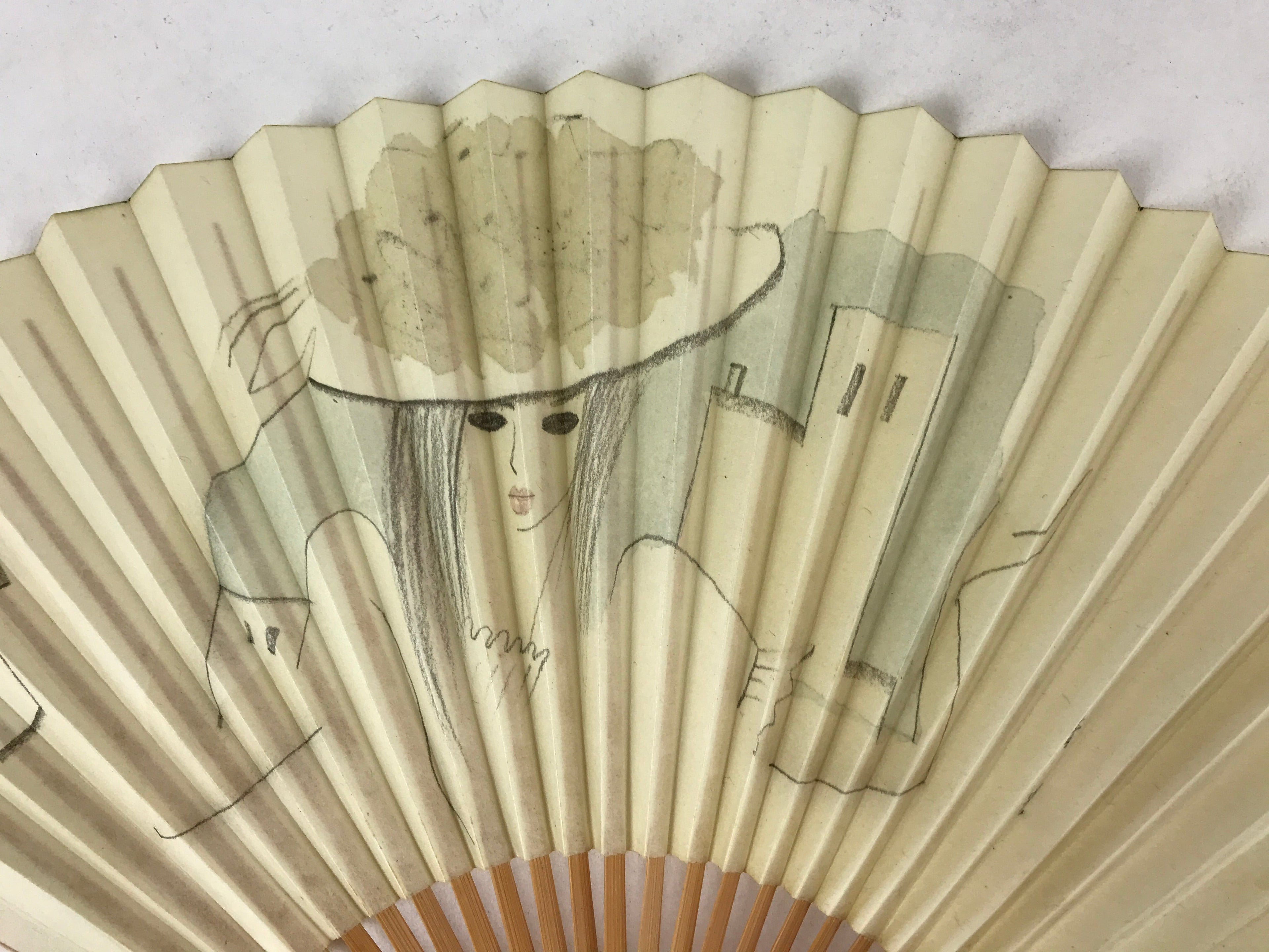 Japanese Folding Fan Sensu Vtg Bamboo Frame Retro Woman Cityscape Design 4D755