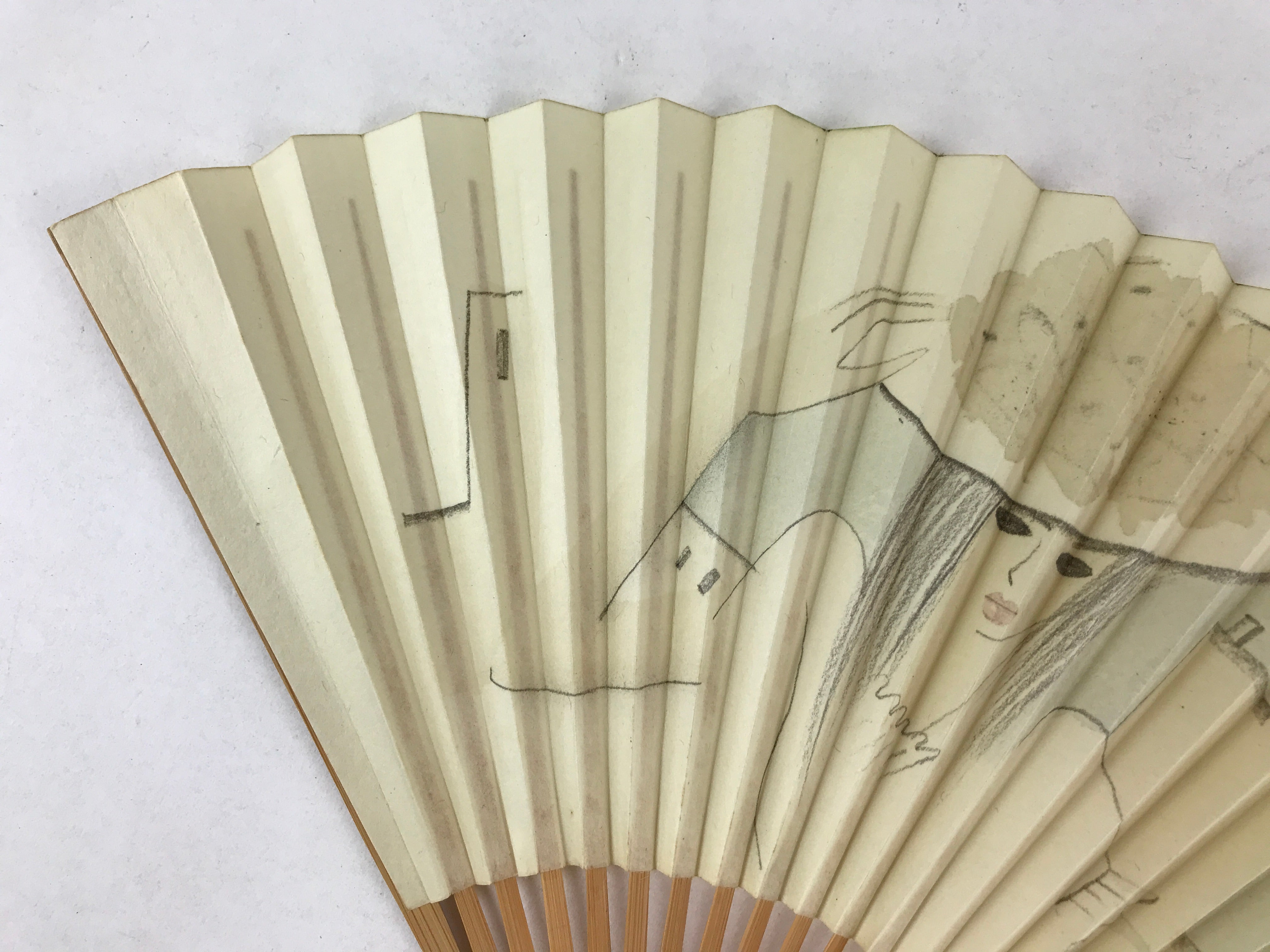 Japanese Folding Fan Sensu Vtg Bamboo Frame Retro Woman Cityscape Design 4D755