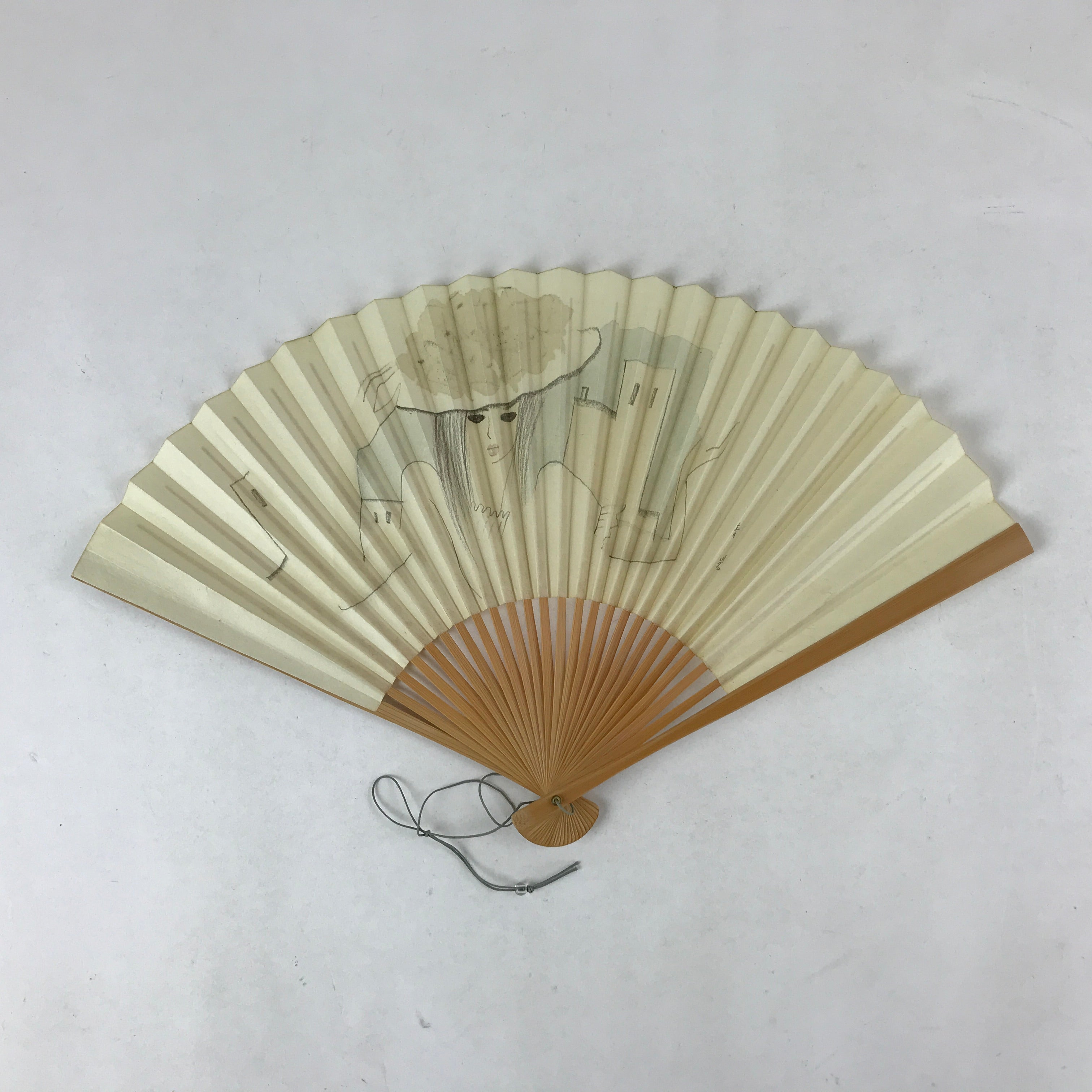 Japanese Folding Fan Sensu Vtg Bamboo Frame Retro Woman Cityscape Design 4D755