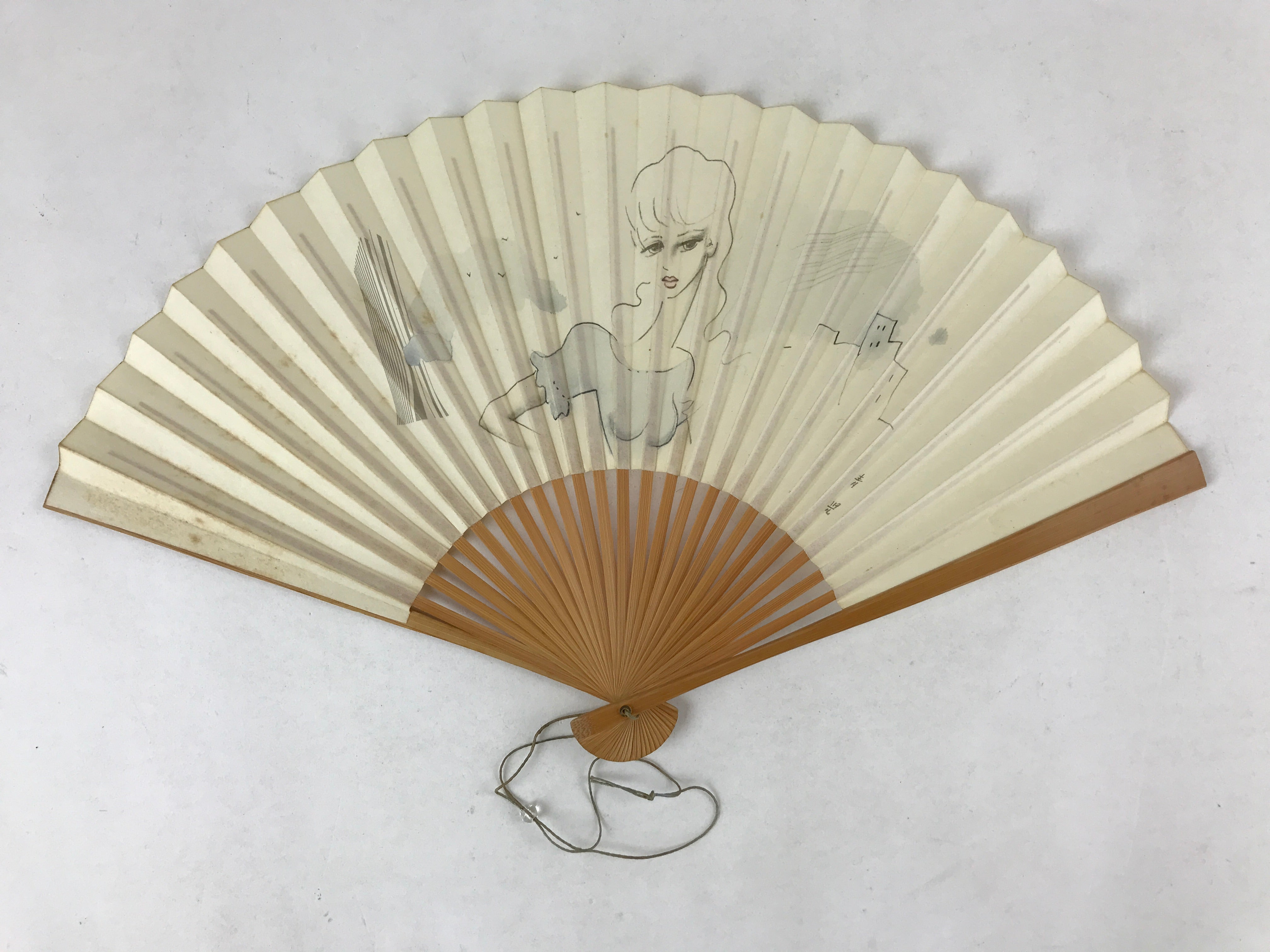 Japanese Folding Fan Sensu Vtg Bamboo Frame Retro Woman Cityscape Design 4D757