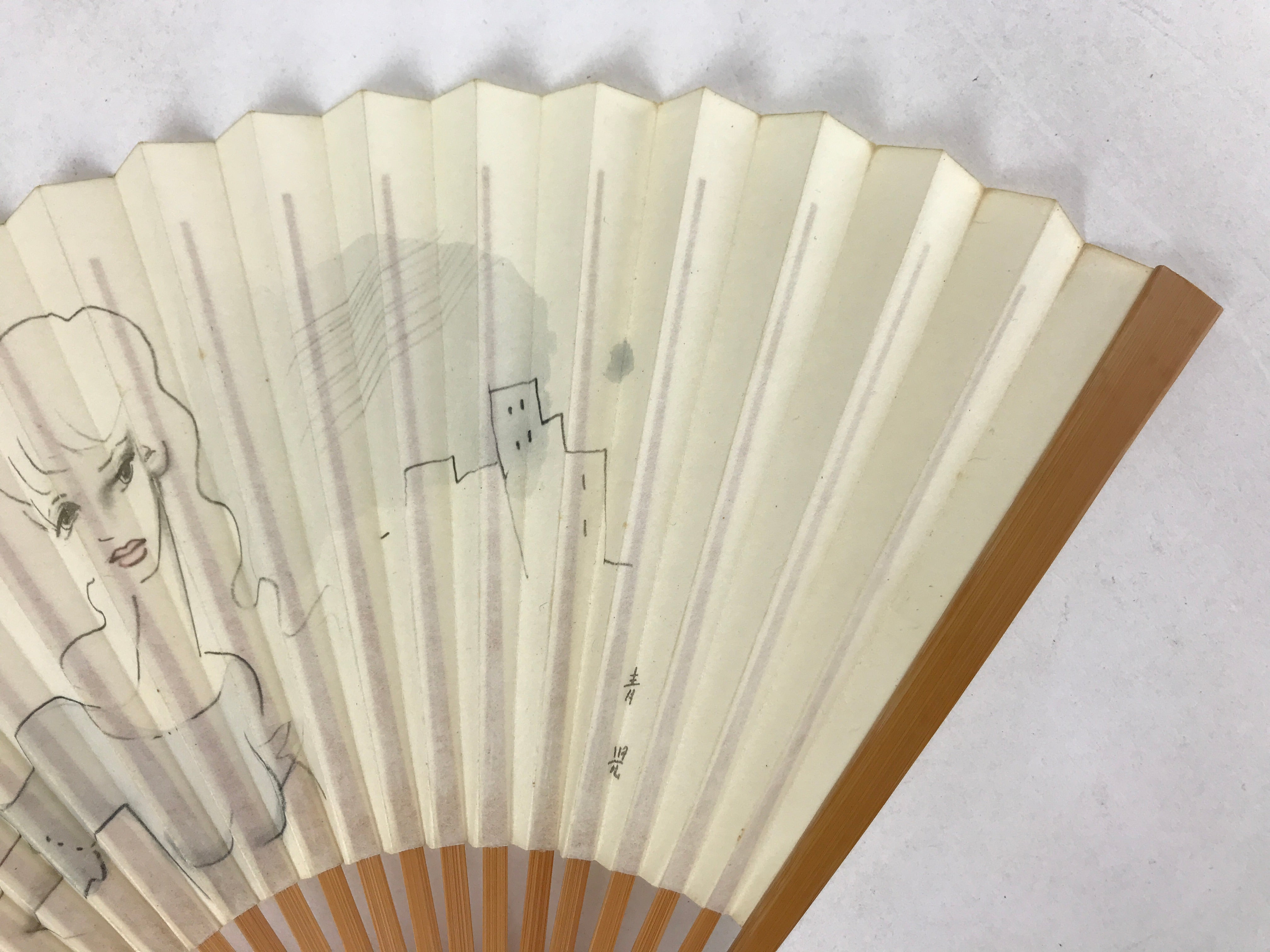 Japanese Folding Fan Sensu Vtg Bamboo Frame Retro Woman Cityscape Design 4D757