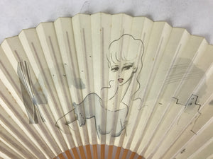 Japanese Folding Fan Sensu Vtg Bamboo Frame Retro Woman Cityscape Design 4D757