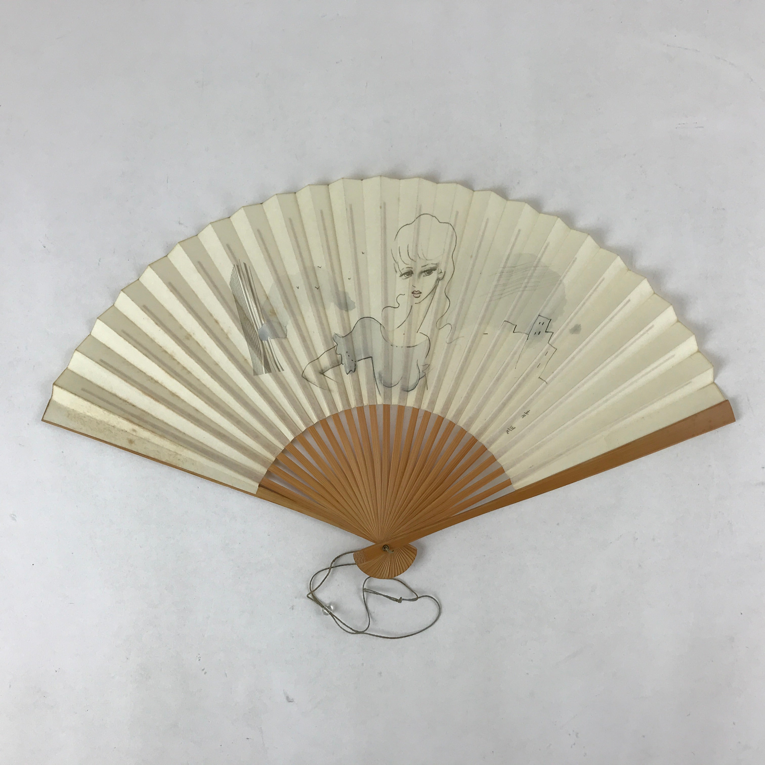 Japanese Folding Fan Sensu Vtg Bamboo Frame Retro Woman Cityscape Design 4D757