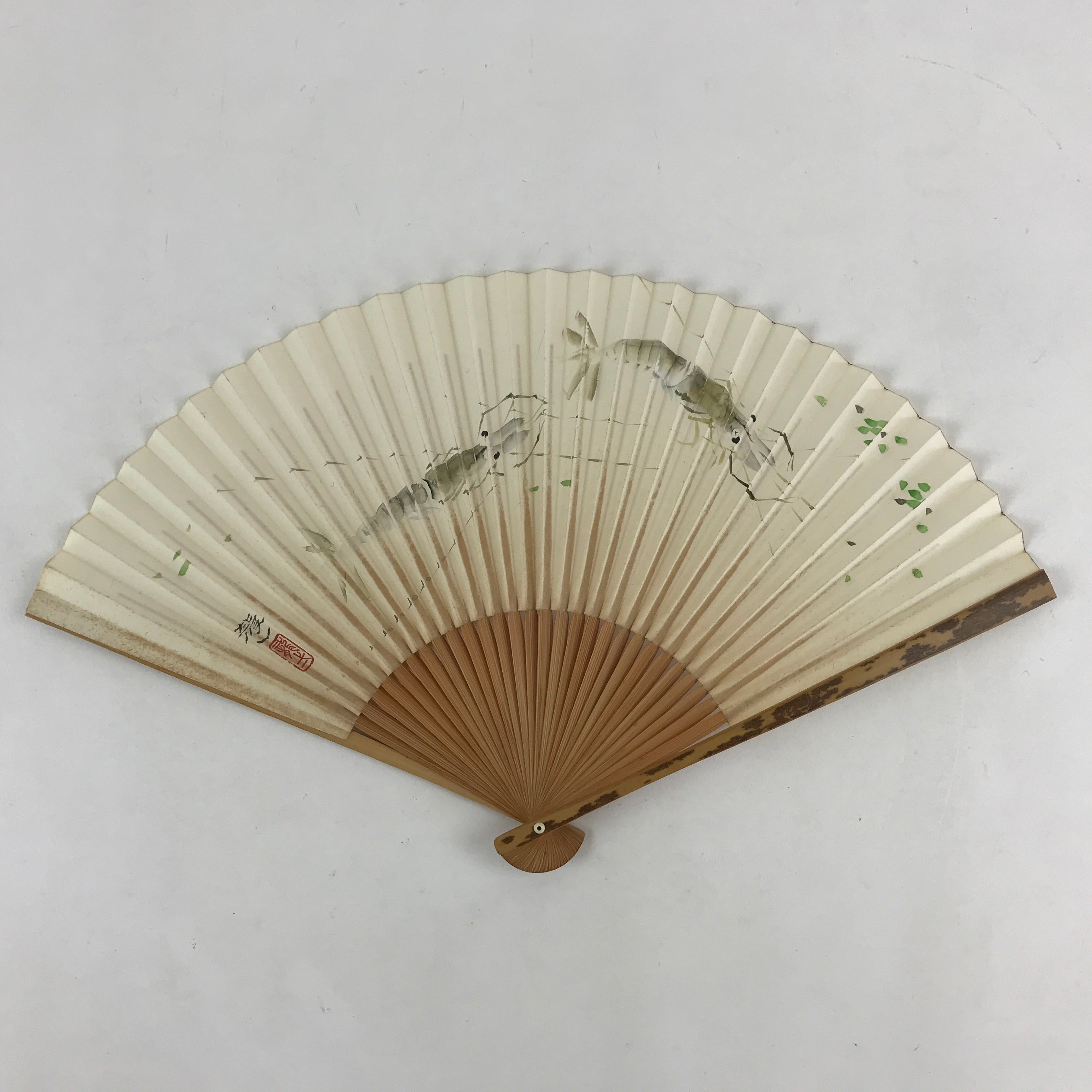 Japanese Folding Fan Sensu Vtg Bamboo Frame Shrimps Kanji Red Seal White 4D682