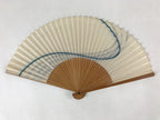 Japanese Folding Fan Sensu Vtg Bamboo Frame Simple Blue Wave Silver Beige 4D748
