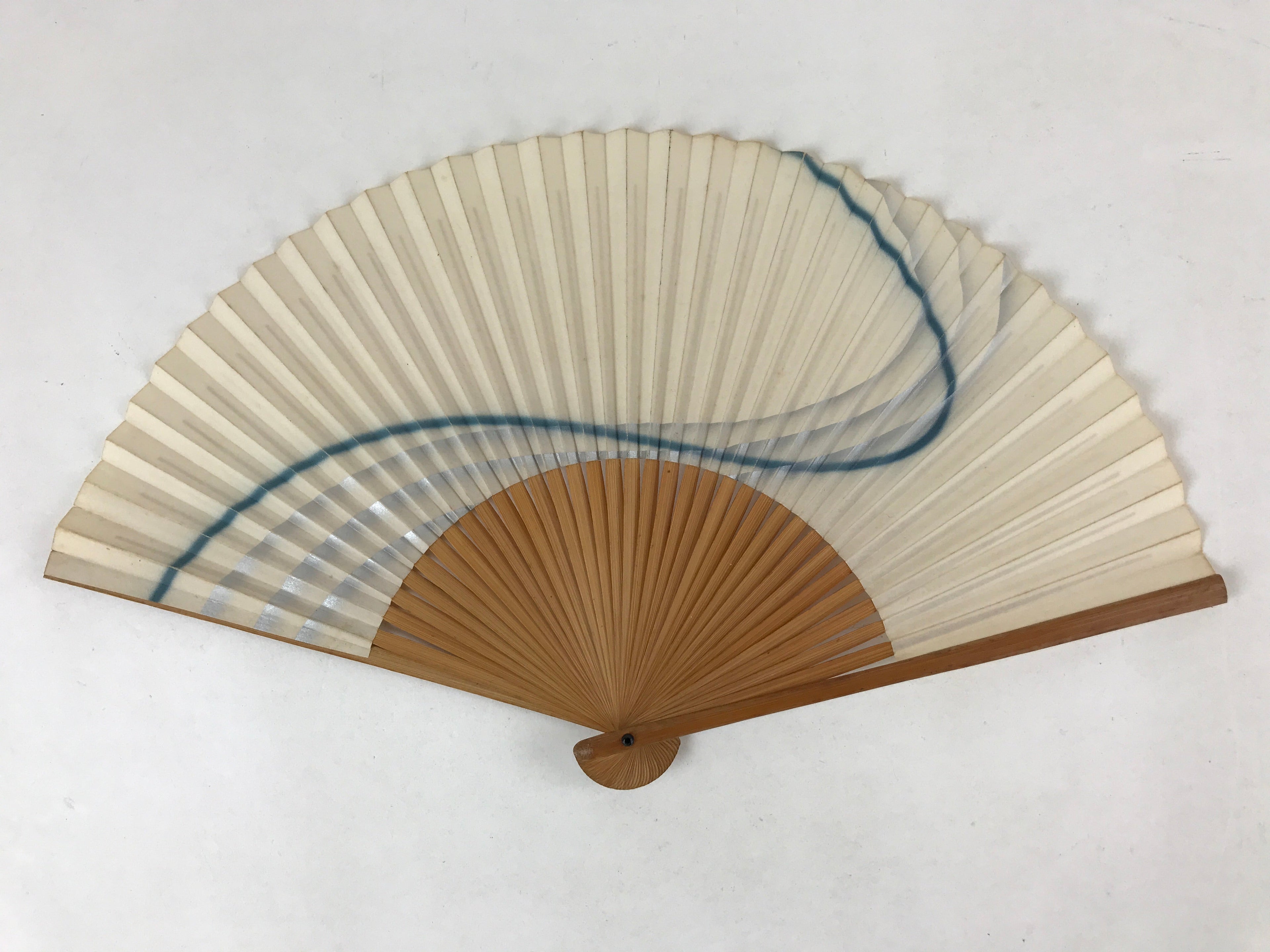 Japanese Folding Fan Sensu Vtg Bamboo Frame Simple Blue Wave Silver Beige 4D748