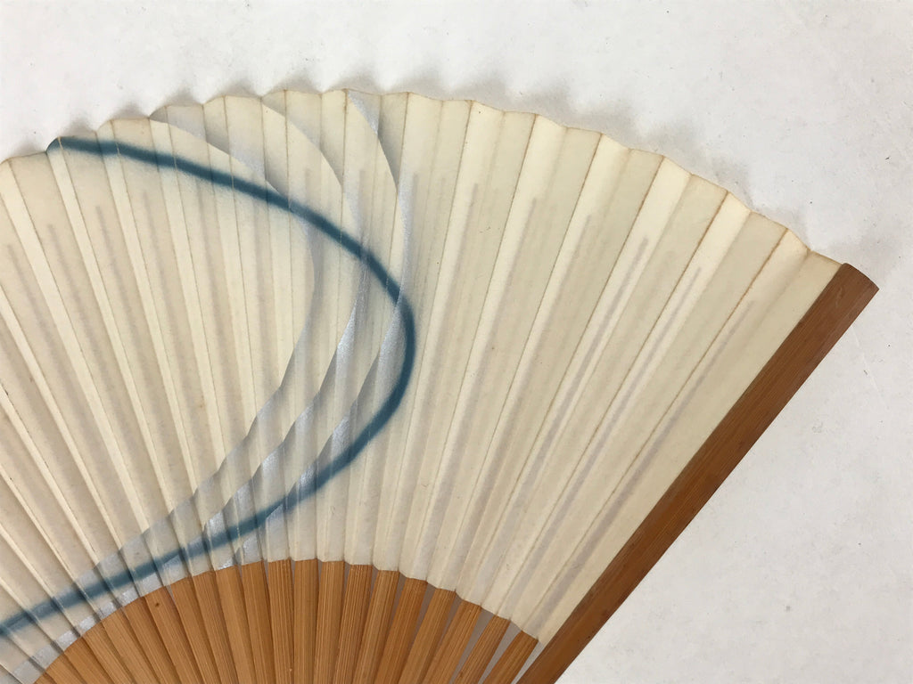 Japanese Folding Fan Sensu Vtg Bamboo Frame Simple Blue Wave Silver Beige 4D748