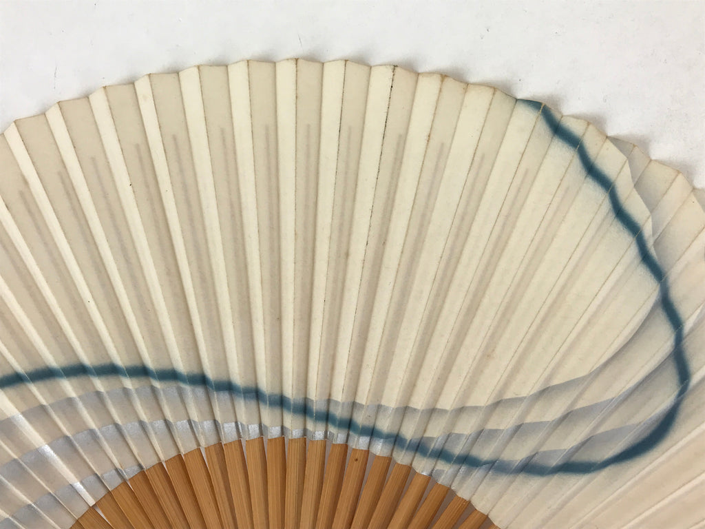 Japanese Folding Fan Sensu Vtg Bamboo Frame Simple Blue Wave Silver Beige 4D748