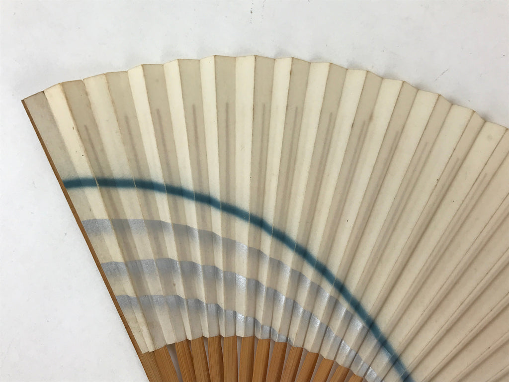 Japanese Folding Fan Sensu Vtg Bamboo Frame Simple Blue Wave Silver Beige 4D748