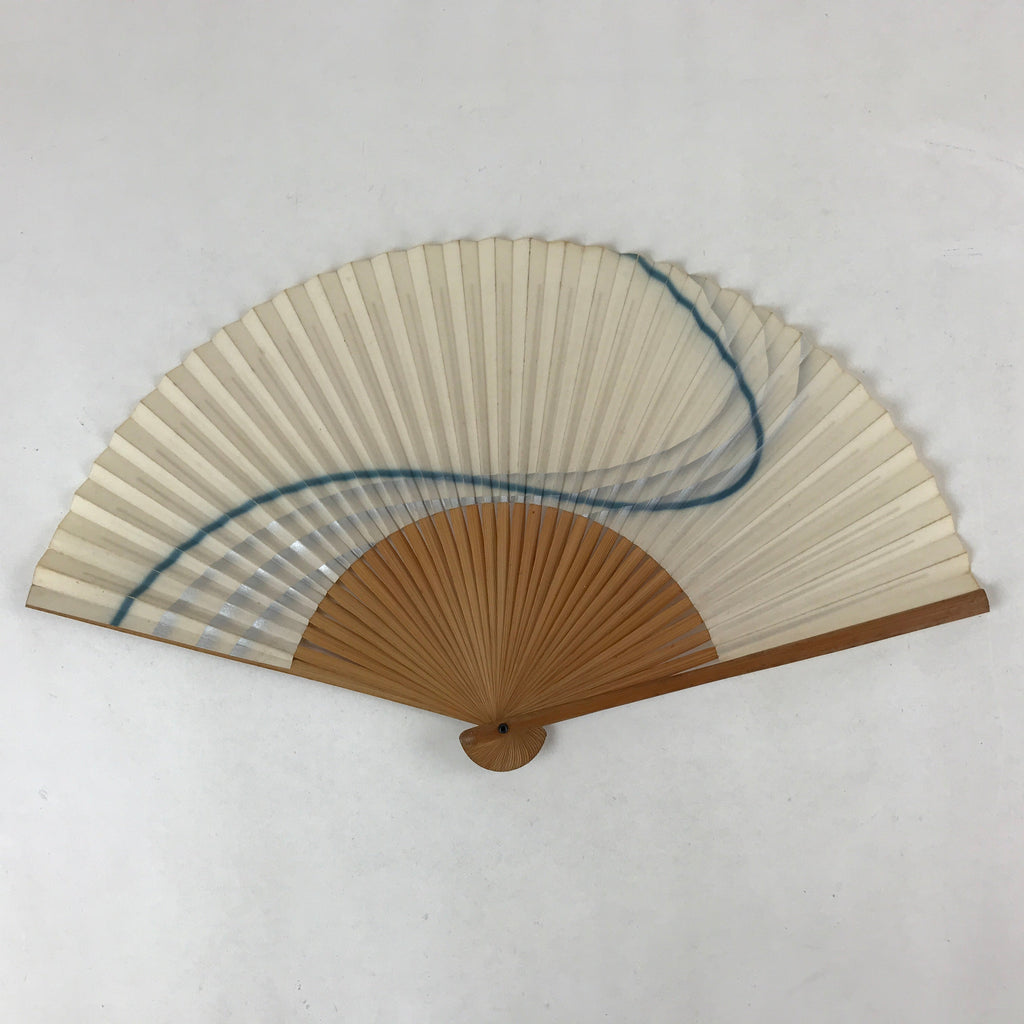 Japanese Folding Fan Sensu Vtg Bamboo Frame Simple Blue Wave Silver Beige 4D748