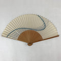 Japanese Folding Fan Sensu Vtg Bamboo Frame Simple Blue Wave Silver Beige 4D748