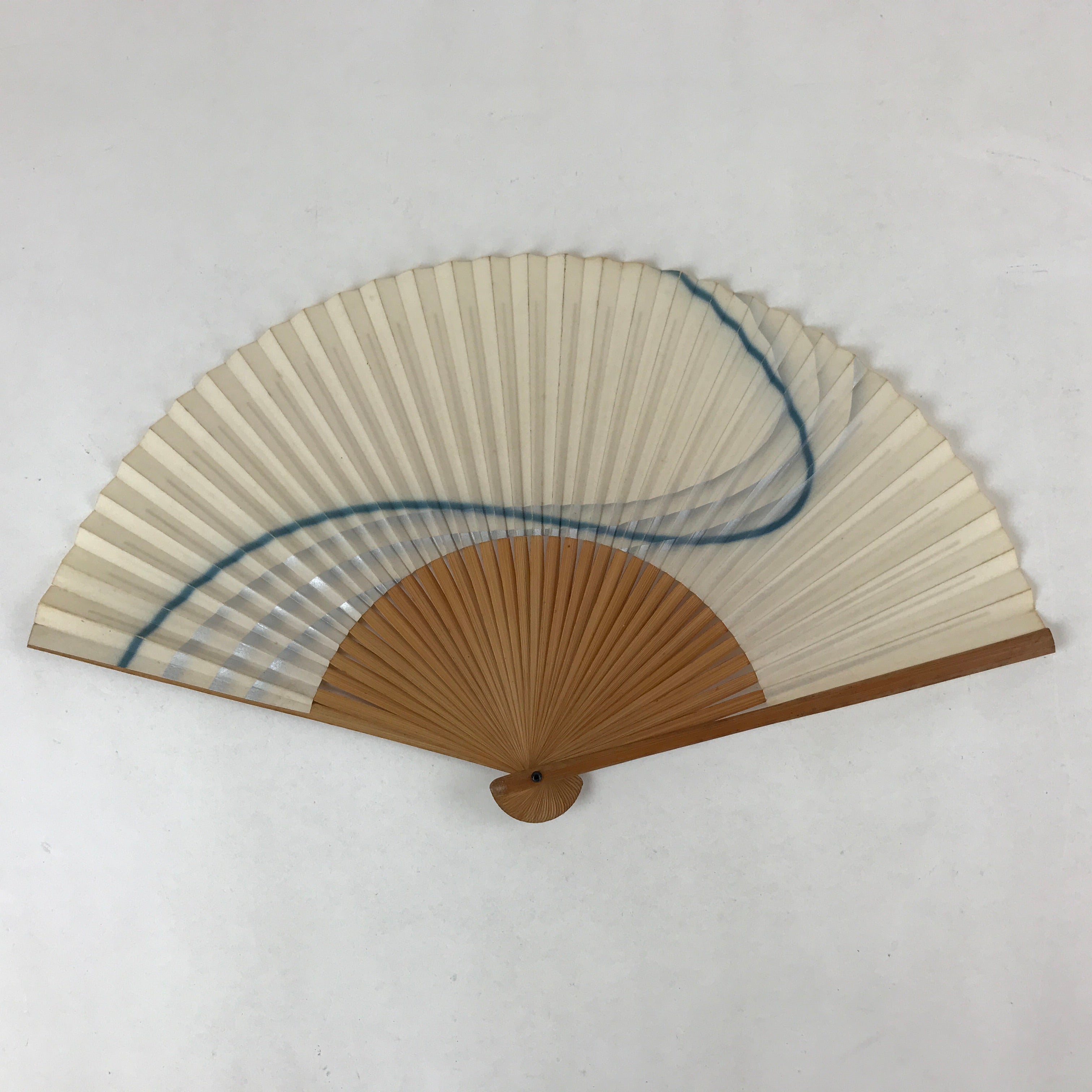 Japanese Folding Fan Sensu Vtg Bamboo Frame Simple Blue Wave Silver Beige 4D748