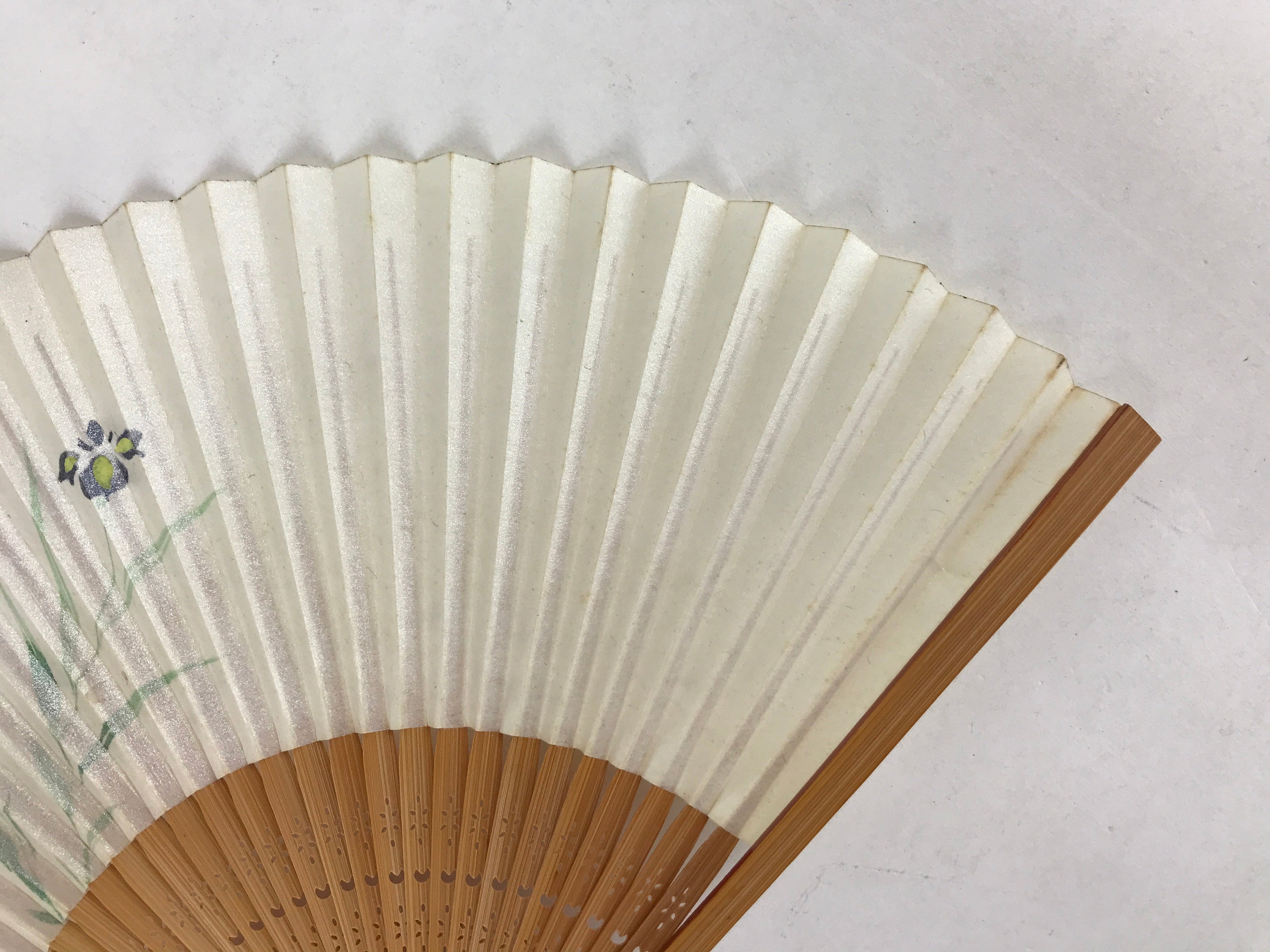 Japanese Folding Fan Sensu Vtg Bamboo Frame Small Iris Ayame Purple 4D741