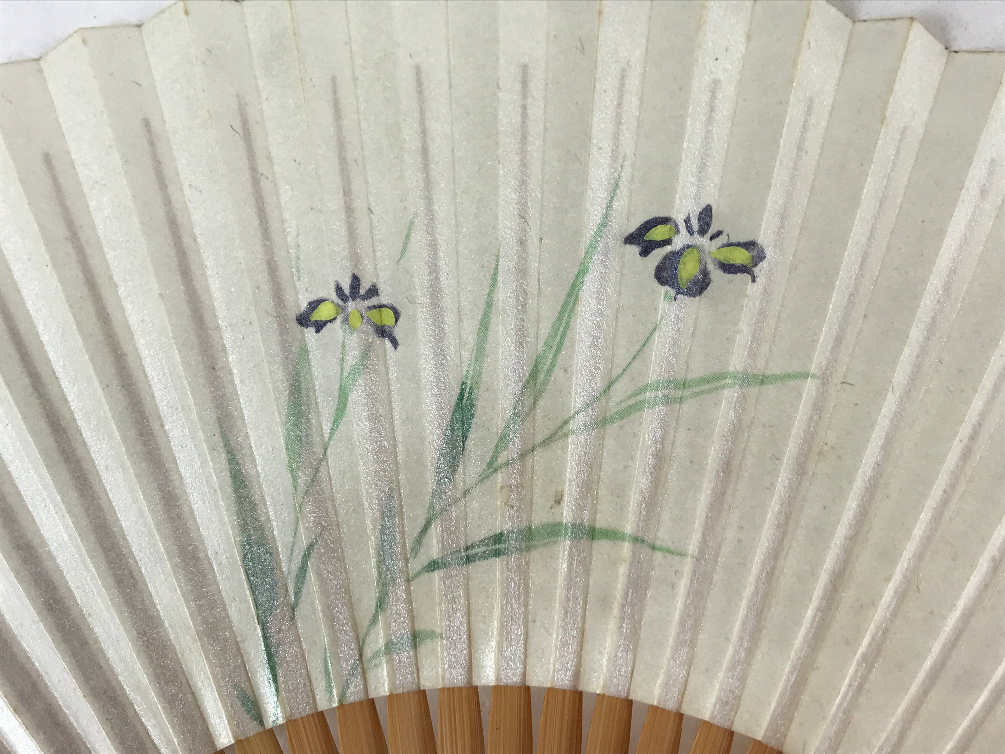Japanese Folding Fan Sensu Vtg Bamboo Frame Small Iris Ayame Purple 4D741