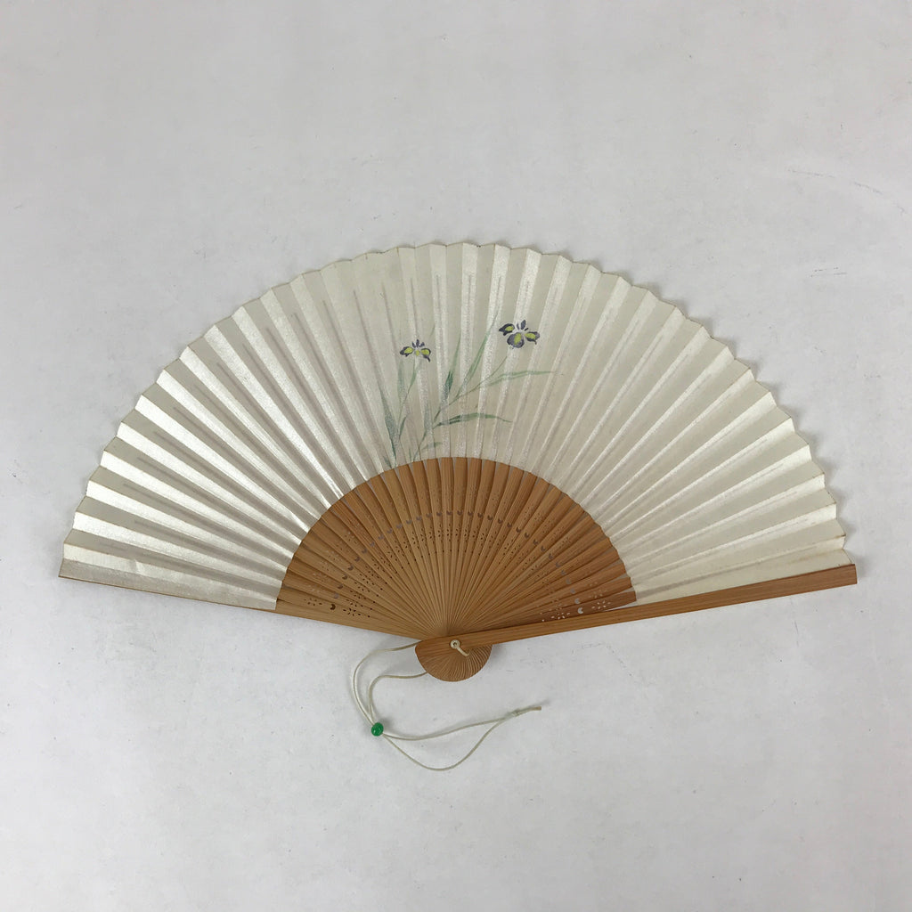 Japanese Folding Fan Sensu Vtg Bamboo Frame Small Iris Ayame Purple 4D741