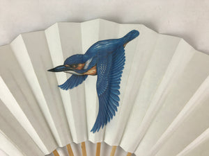 Japanese Folding Fan Sensu Vtg Bamboo Frame Tamagawa Festival Bird Blue 4D733