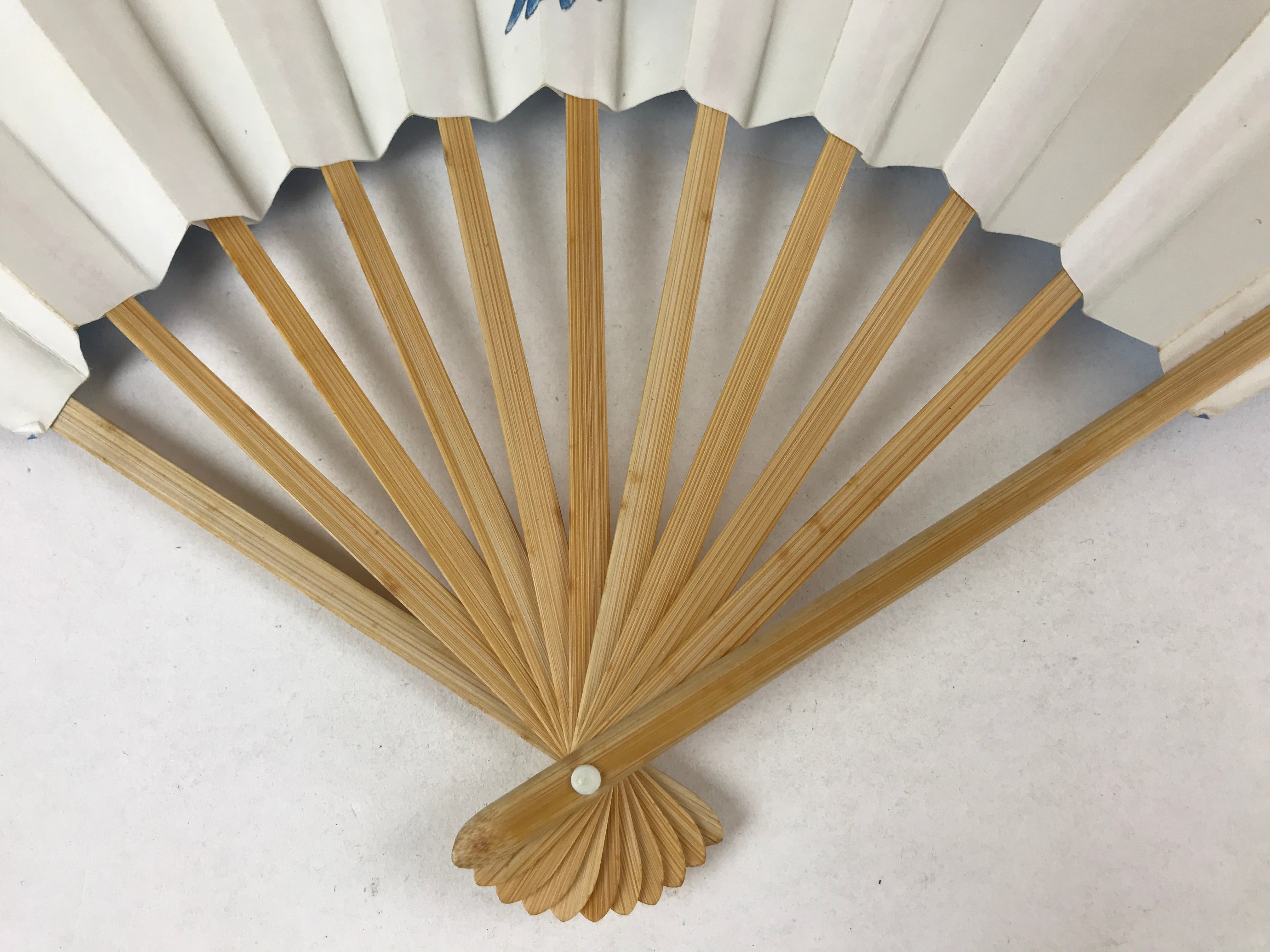 Japanese Folding Fan Sensu Vtg Bamboo Frame Tamagawa Festival Bird Blue 4D733