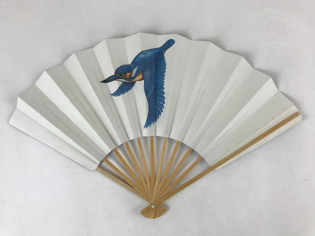 Japanese Folding Fan Sensu Vtg Bamboo Frame Tamagawa Festival Bird Blue 4D733