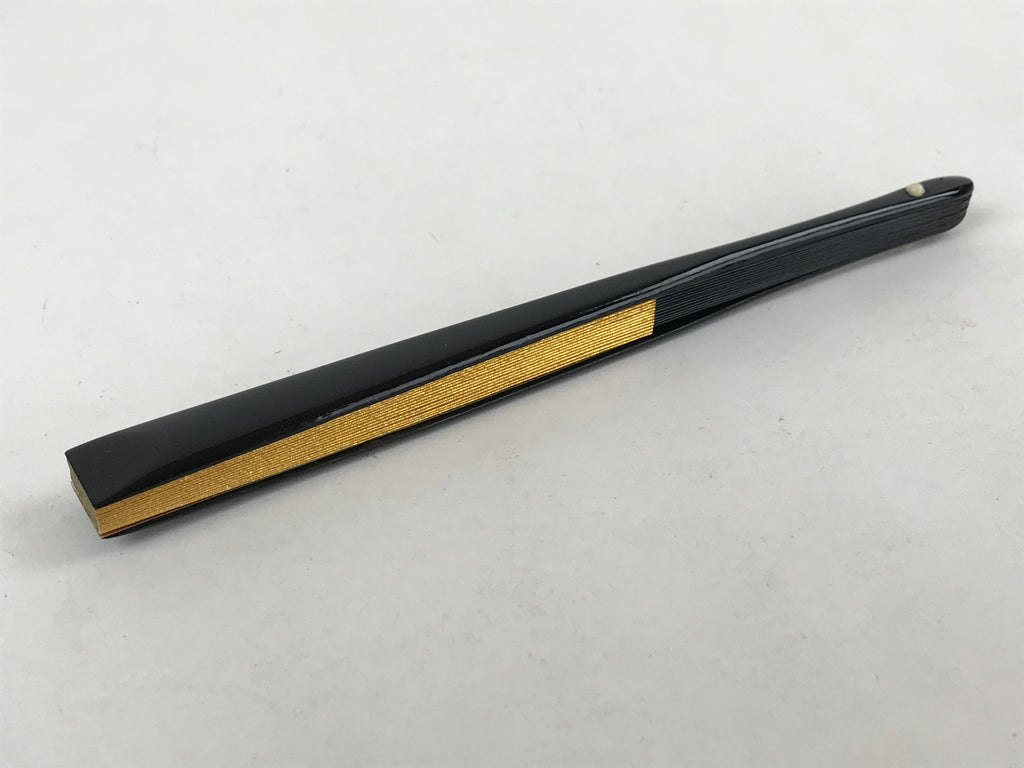 Japanese Folding Fan Sensu Vtg Black Bamboo Frame Gold Silver W/ Box 4D708