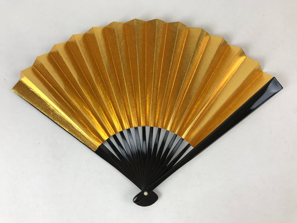 Japanese Folding Fan Sensu Vtg Black Bamboo Frame Gold Silver W/ Box 4D708
