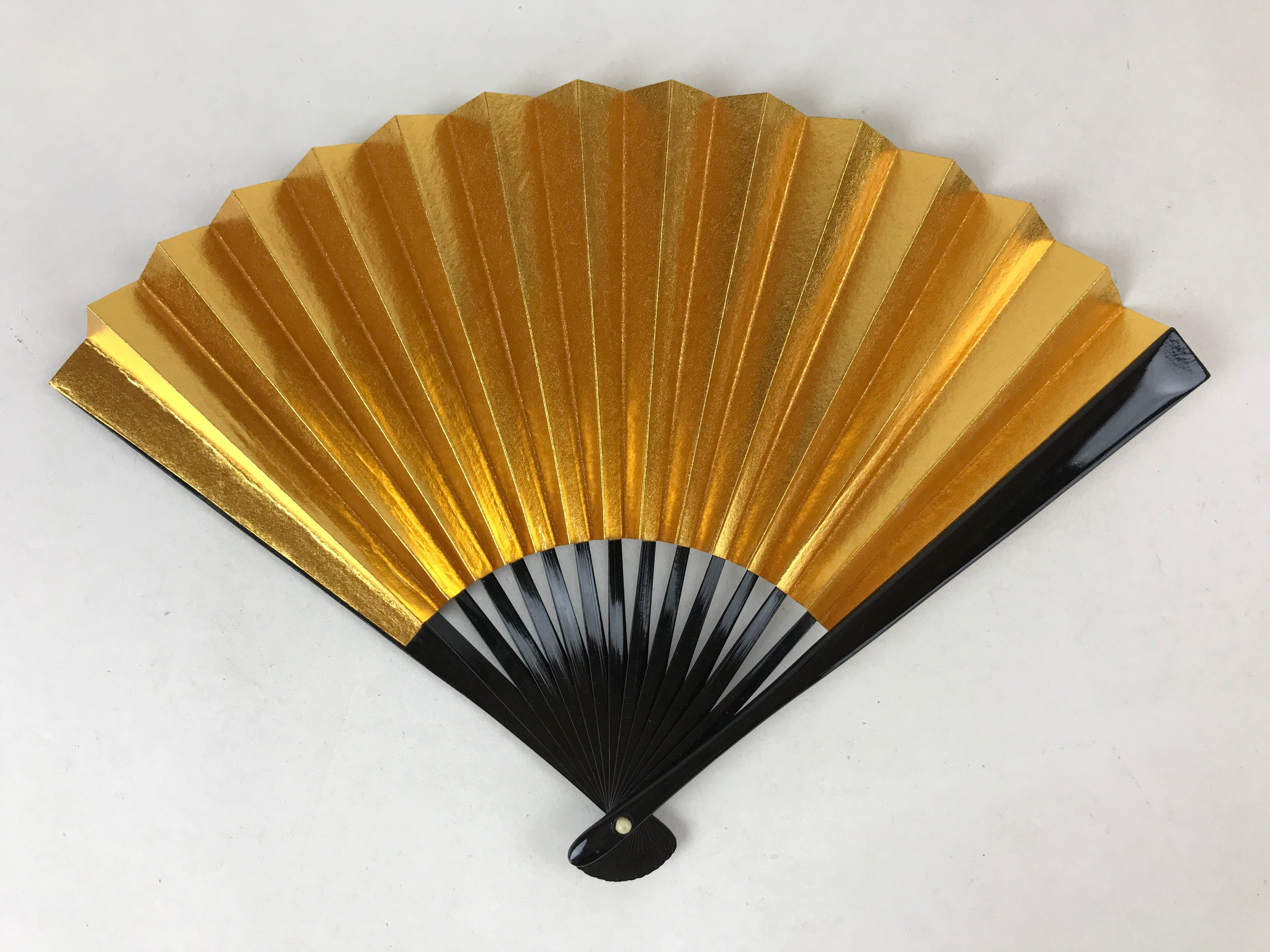 Japanese Folding Fan Sensu Vtg Black Bamboo Frame Gold Silver W/ Box 4D708