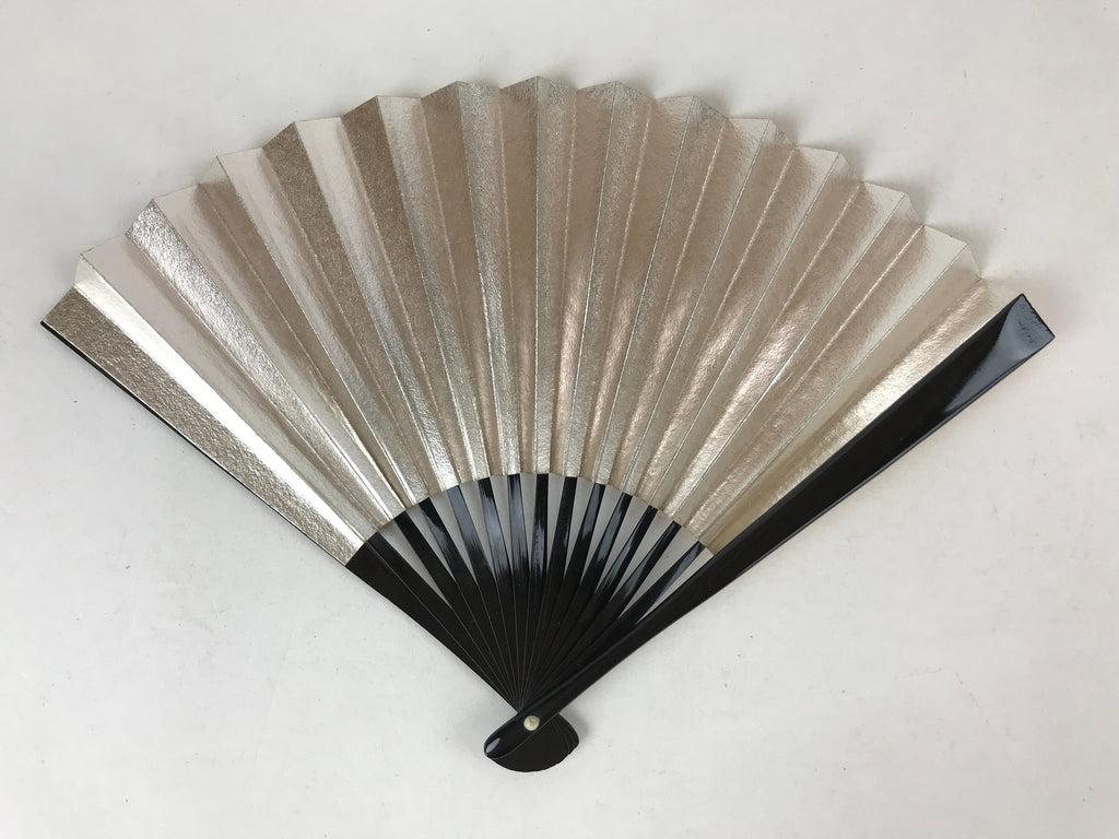 Japanese Folding Fan Sensu Vtg Black Bamboo Frame Gold Silver W/ Box 4D708