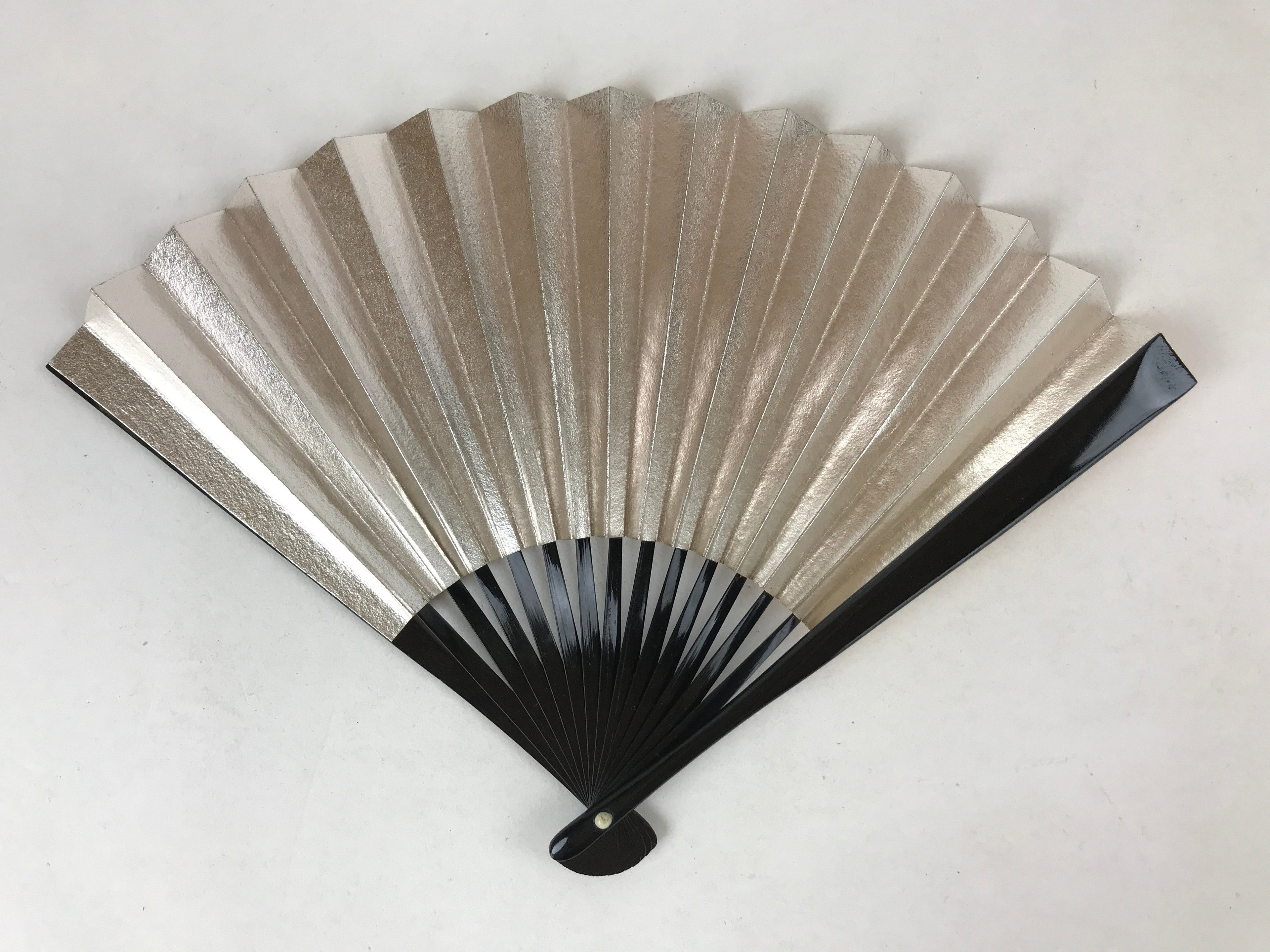 Japanese Folding Fan Sensu Vtg Black Bamboo Frame Gold Silver W/ Box 4D708