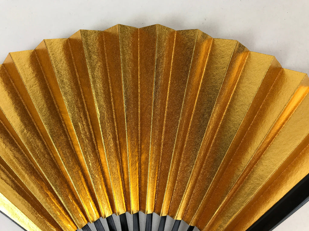 Japanese Folding Fan Sensu Vtg Black Bamboo Frame Gold Silver W/ Box 4D708