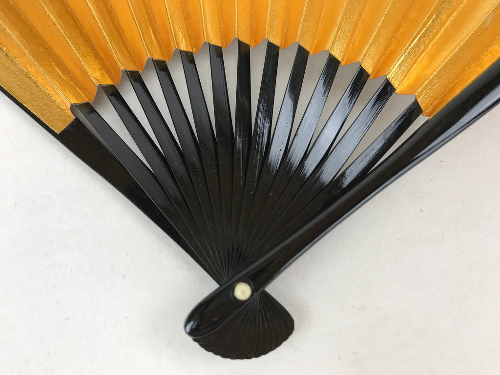 Japanese Folding Fan Sensu Vtg Black Bamboo Frame Gold Silver W/ Box 4D708