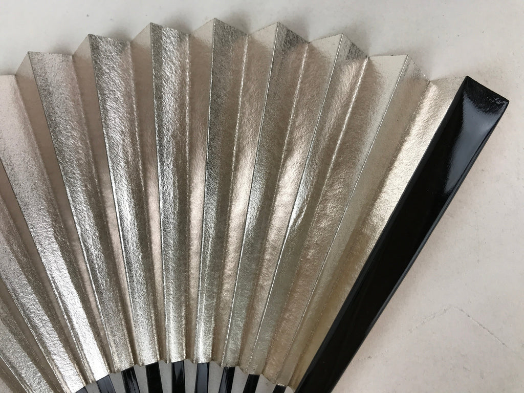 Japanese Folding Fan Sensu Vtg Black Bamboo Frame Gold Silver W/ Box 4D708
