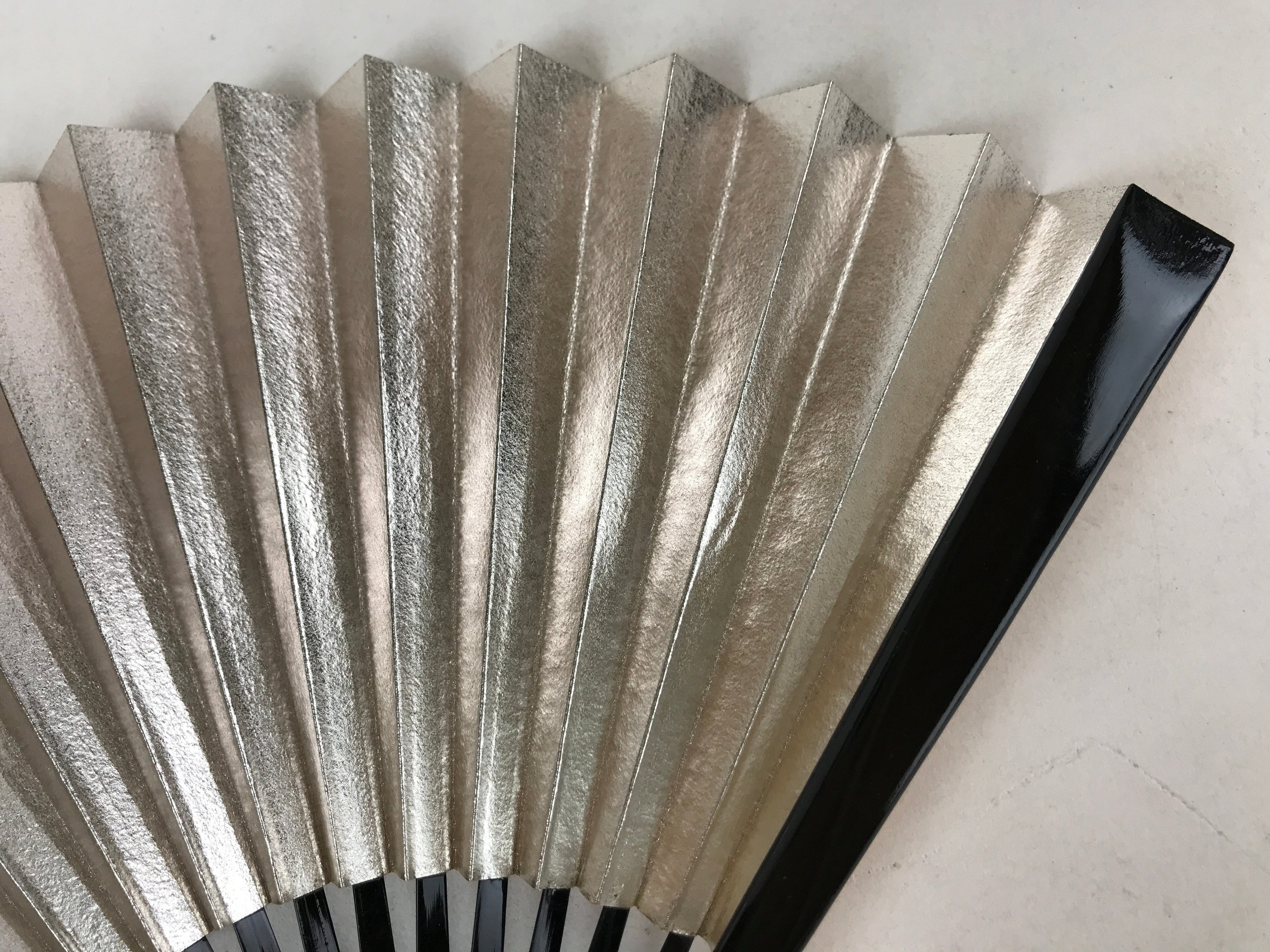 Japanese Folding Fan Sensu Vtg Black Bamboo Frame Gold Silver W/ Box 4D708