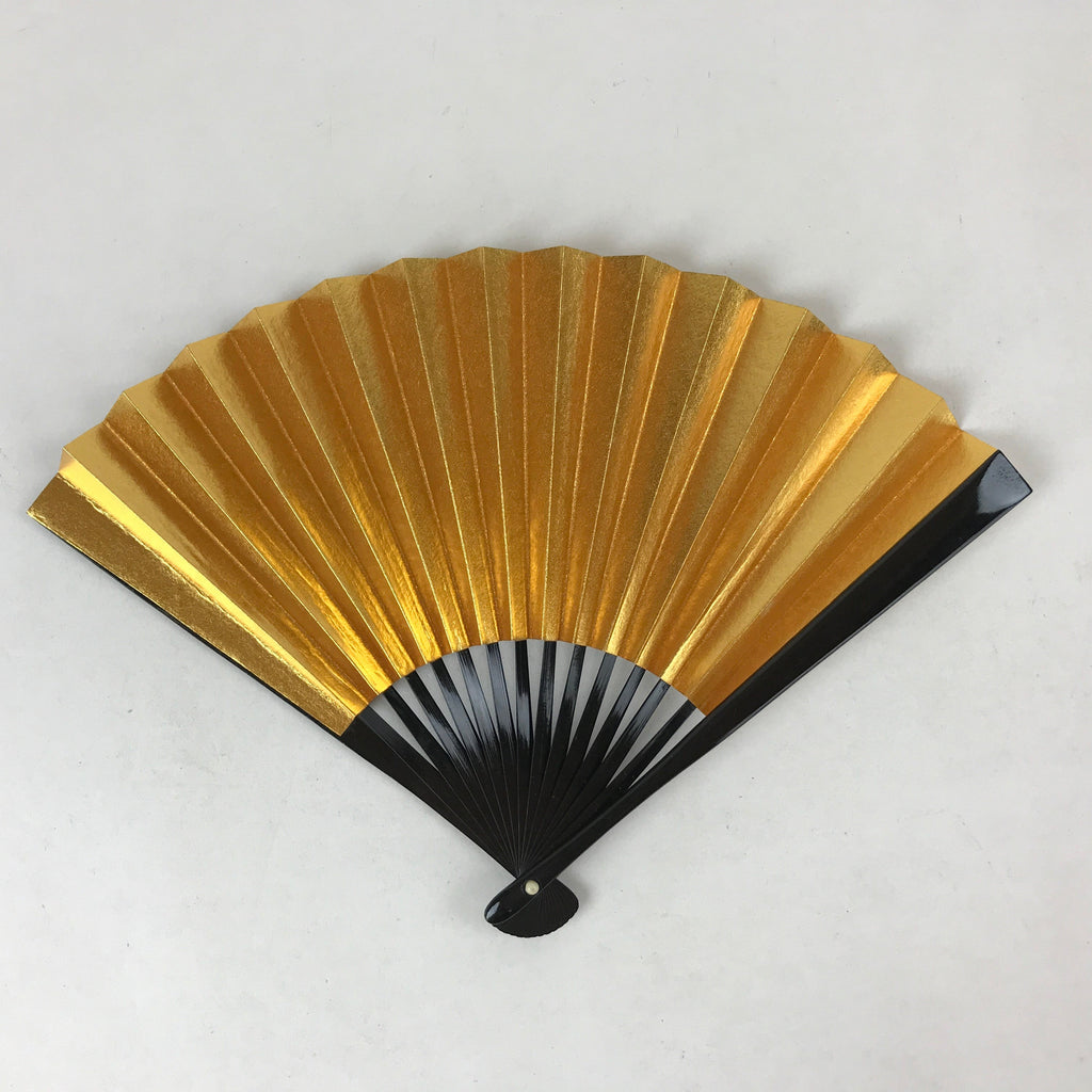 Japanese Folding Fan Sensu Vtg Black Bamboo Frame Gold Silver W/ Box 4D708