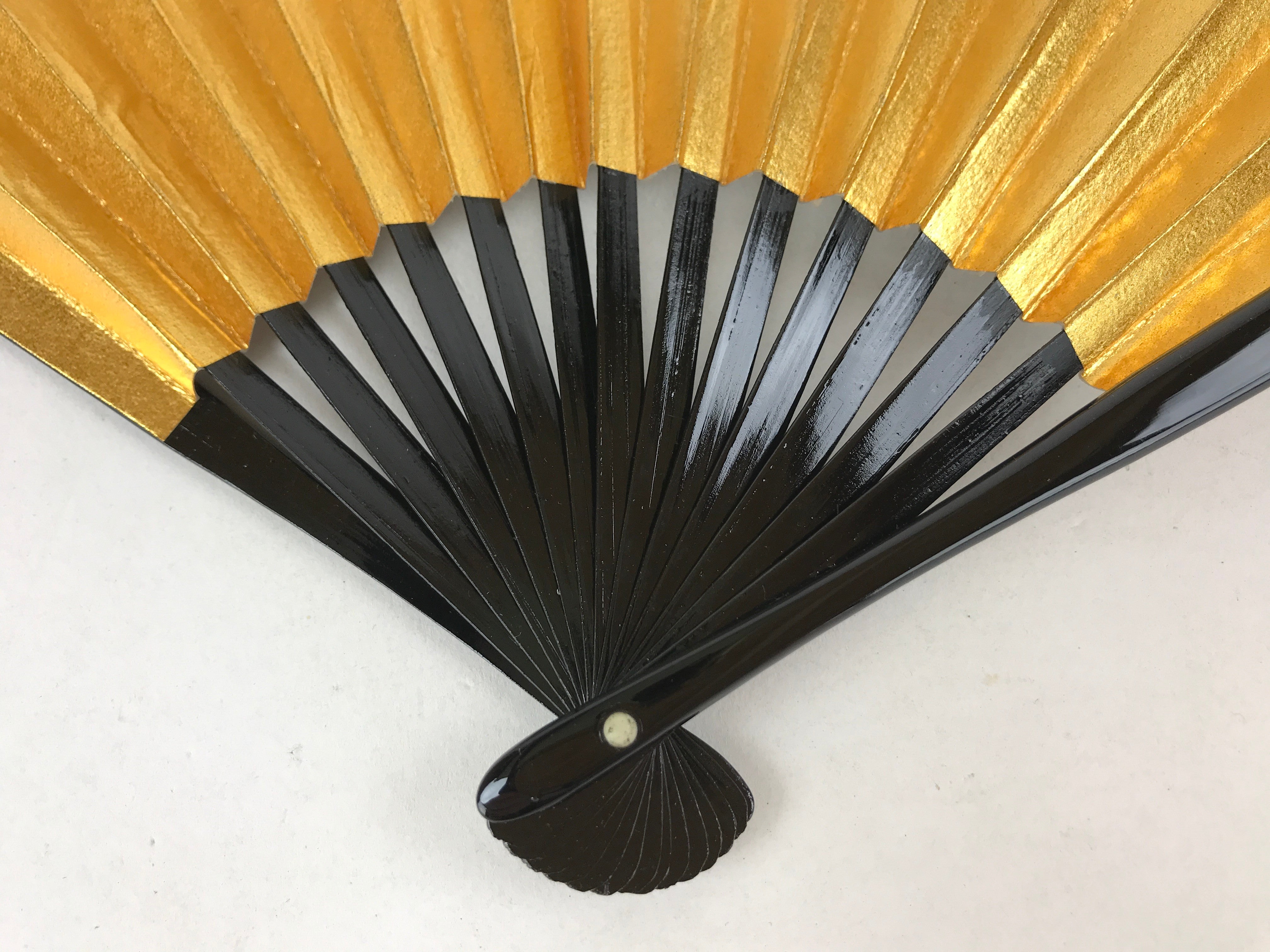 Japanese Folding Fan Sensu Vtg Black Bamboo Frame Gold Silver W/ Box 4D709