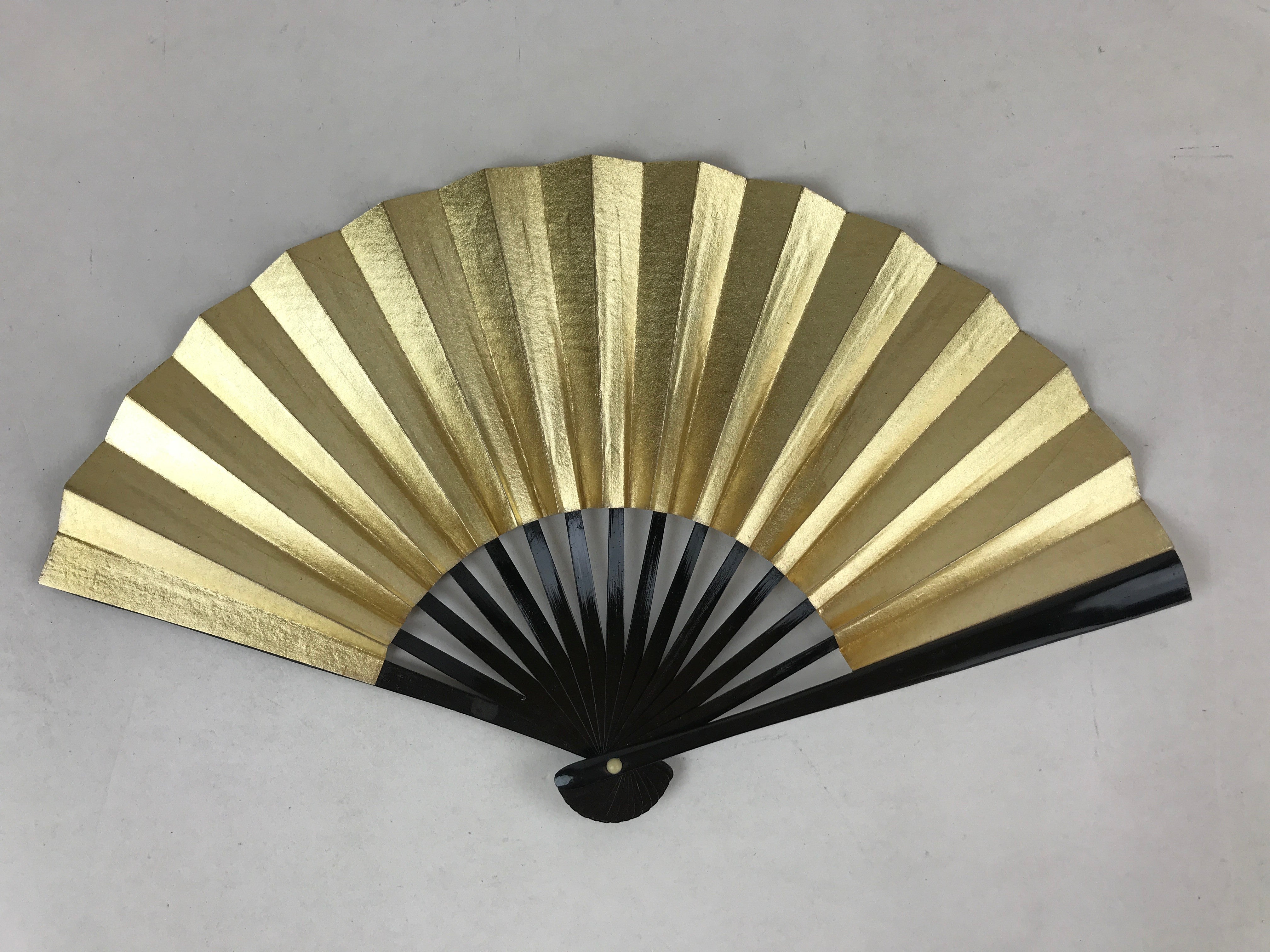 Japanese Folding Fan Sensu Vtg Black Bamboo Frame Gold Silver W/ Box 4D714