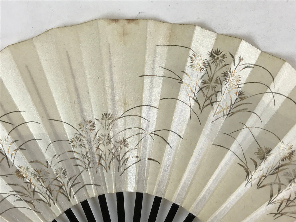 Japanese Folding Fan Sensu Vtg Lacquer Bamboo Frame Beige Nadeshiko Flower 4D742