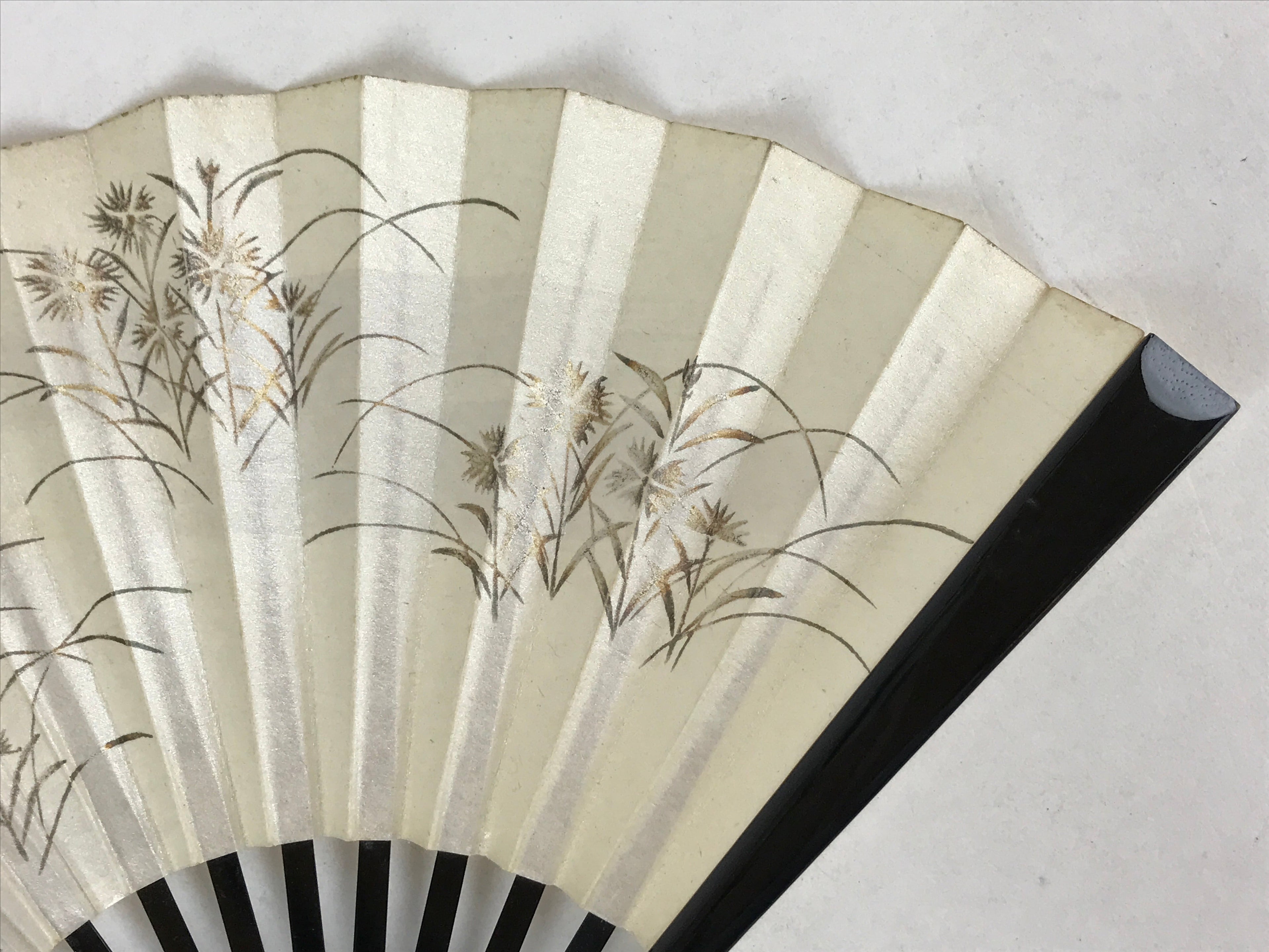 Japanese Folding Fan Sensu Vtg Lacquer Bamboo Frame Beige Nadeshiko Flower 4D742