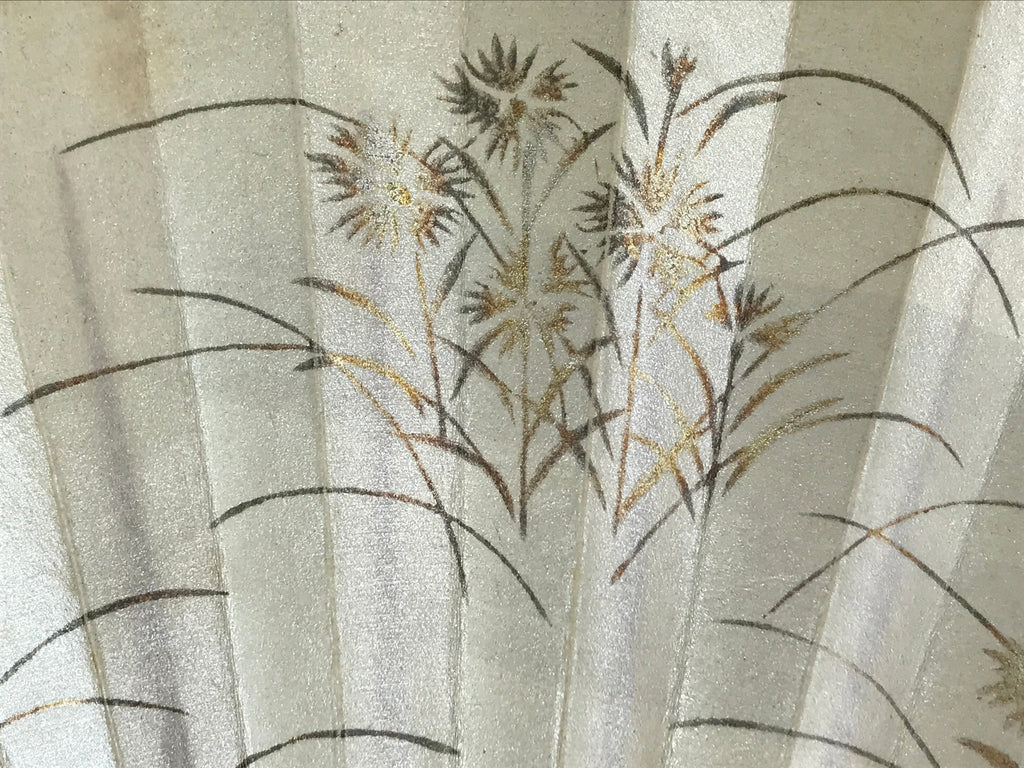 Japanese Folding Fan Sensu Vtg Lacquer Bamboo Frame Beige Nadeshiko Flower 4D742