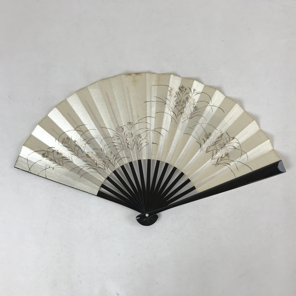 Japanese Folding Fan Sensu Vtg Lacquer Bamboo Frame Beige Nadeshiko Flower 4D742