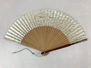 Japanese Folding Fan Sensu Vtg Lacquer Bamboo Frame Cream Green Grass 4D740