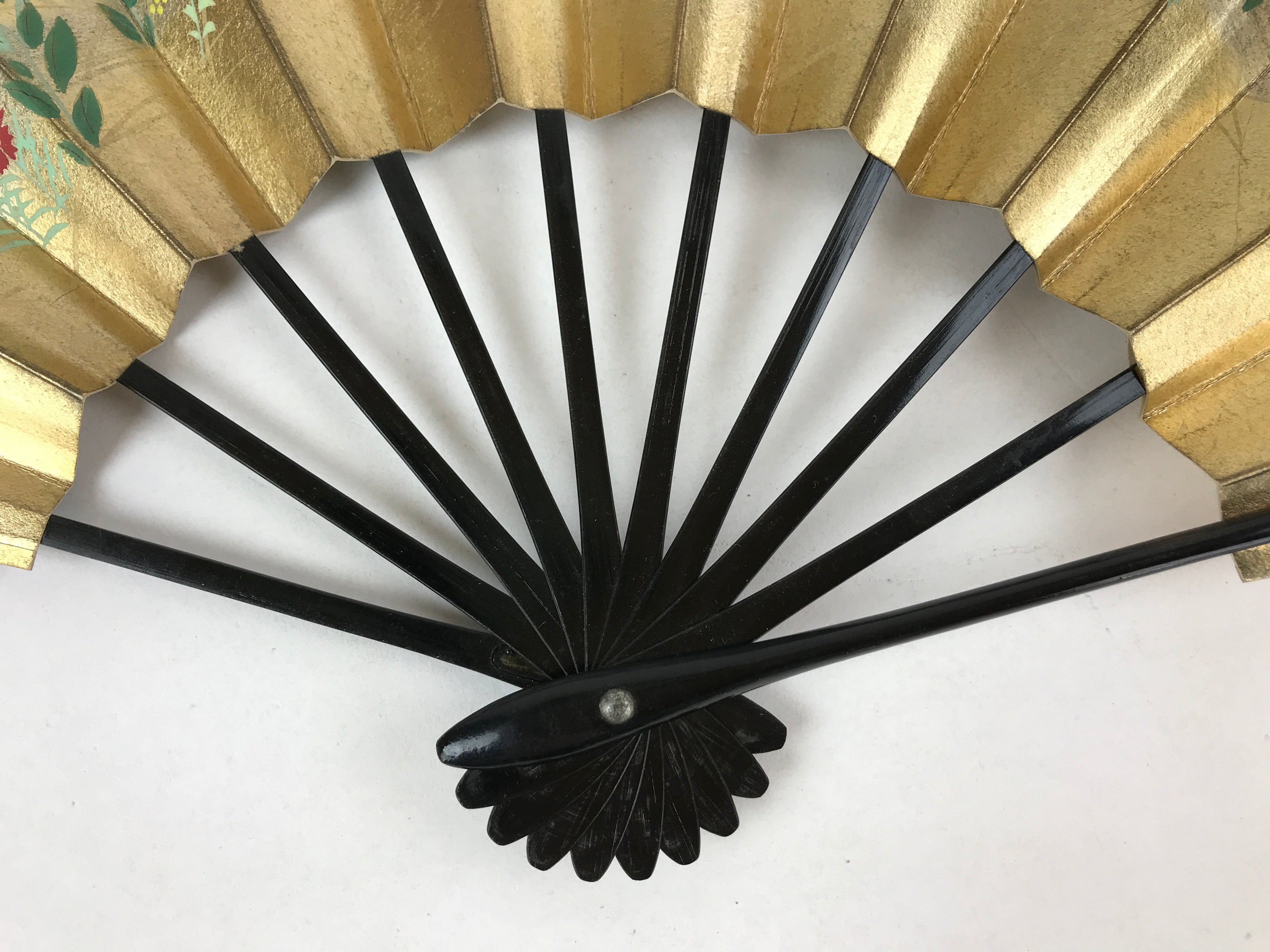 Japanese Folding Fan Shimaisen Sensu Vtg Bamboo Frame Gold Plum Blossom 4D718