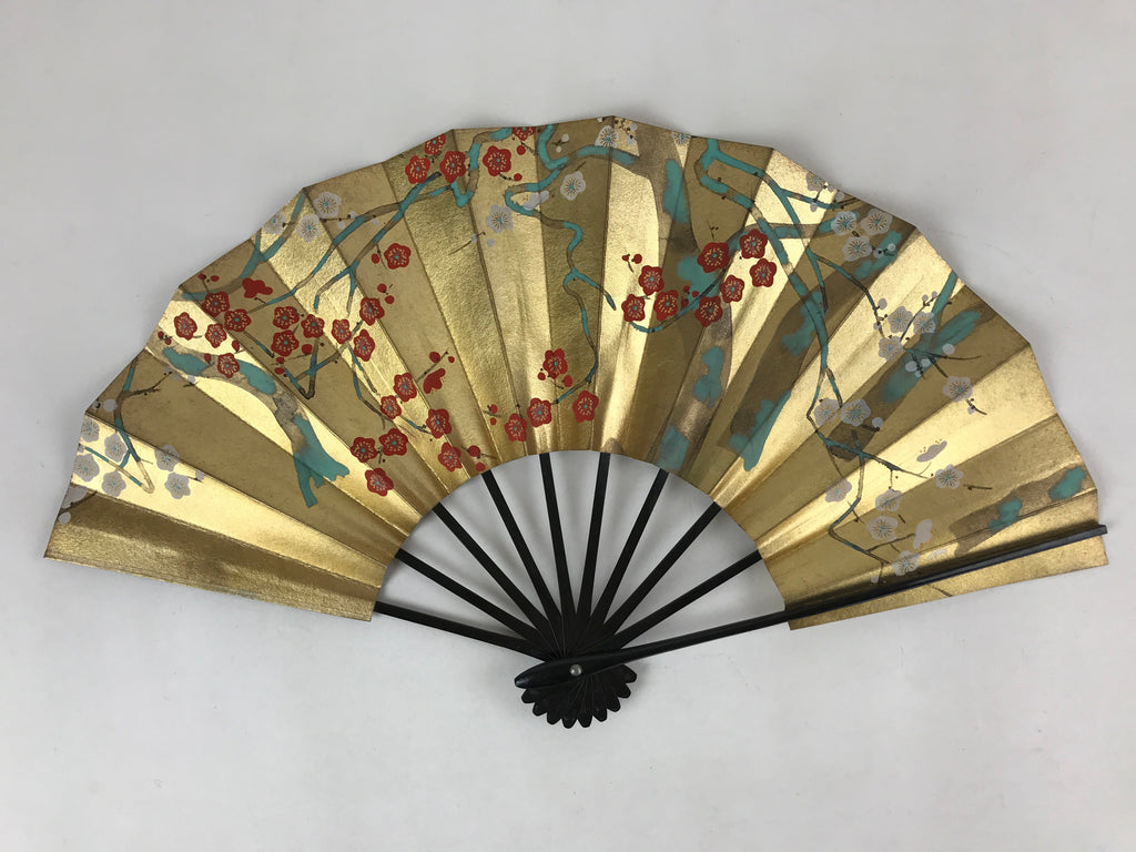 Japanese Folding Fan Shimaisen Sensu Vtg Bamboo Frame Gold Plum Blossom 4D718