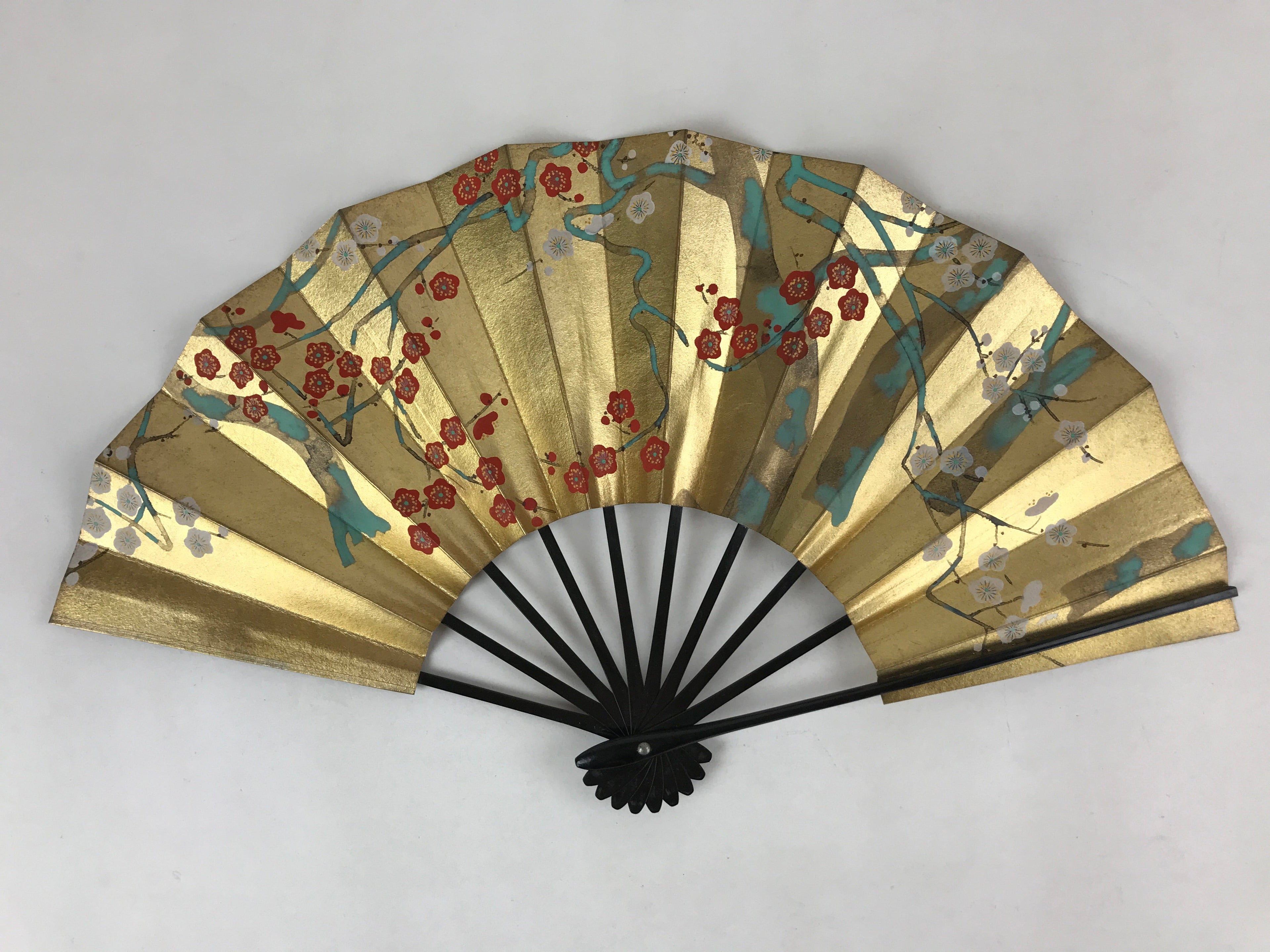 Japanese Folding Fan Shimaisen Sensu Vtg Bamboo Frame Gold Plum Blossom 4D718