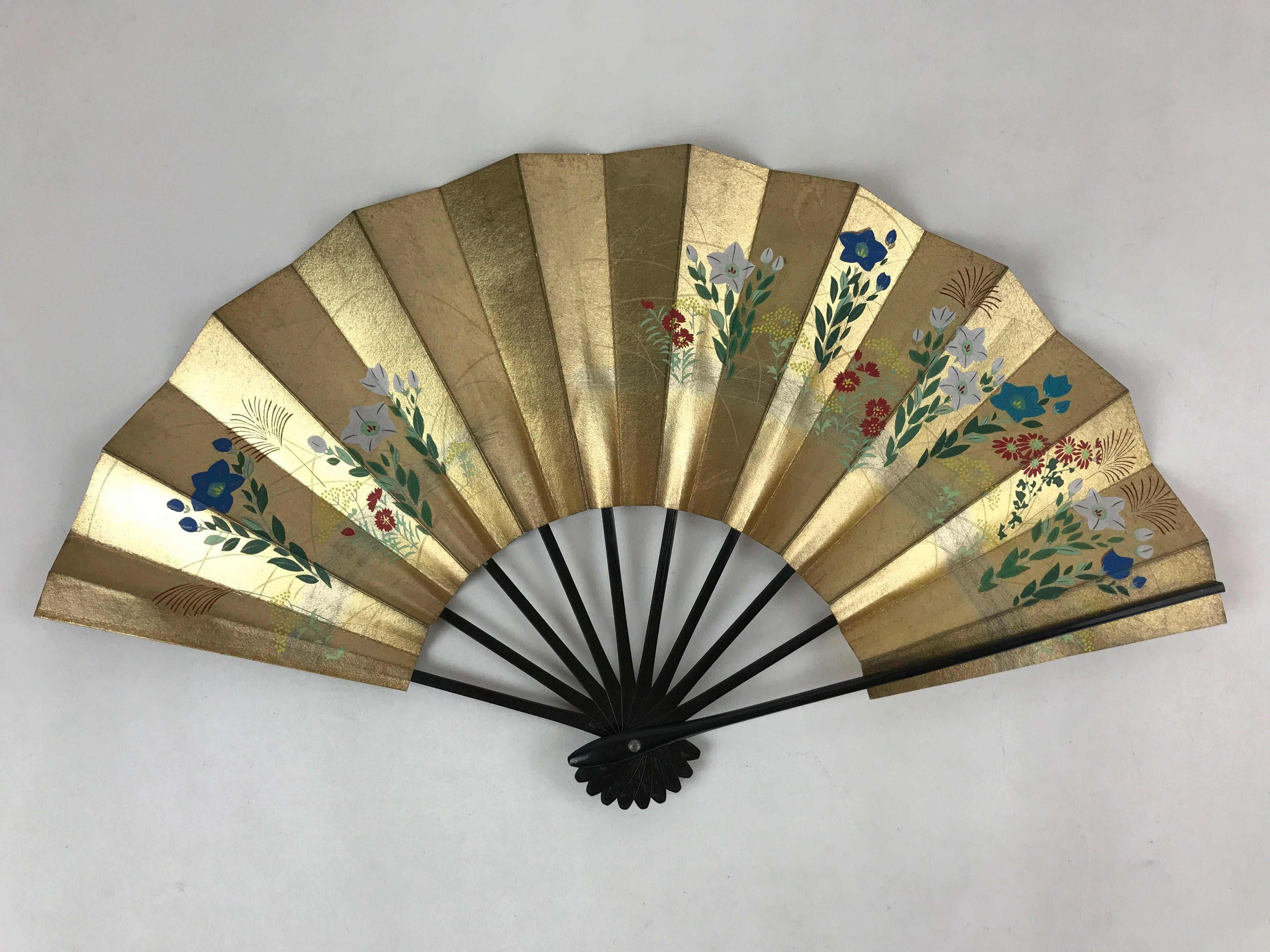 Japanese Folding Fan Shimaisen Sensu Vtg Bamboo Frame Gold Plum Blossom 4D718