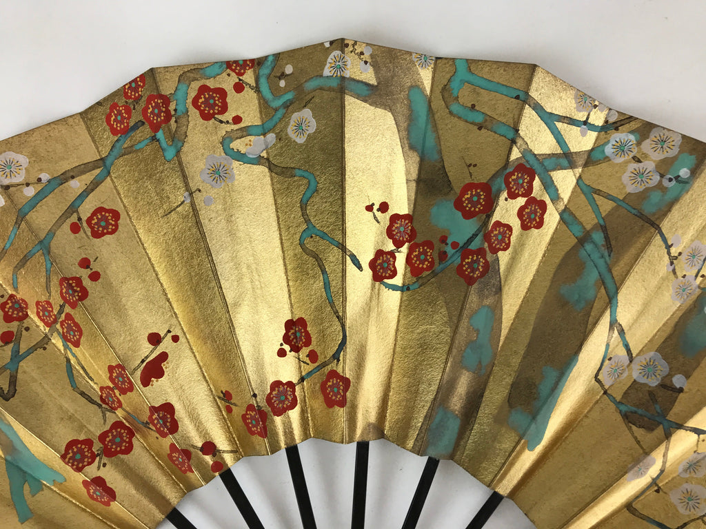 Japanese Folding Fan Shimaisen Sensu Vtg Bamboo Frame Gold Plum Blossom 4D718
