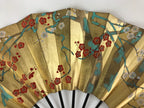 Japanese Folding Fan Shimaisen Sensu Vtg Bamboo Frame Gold Plum Blossom 4D718