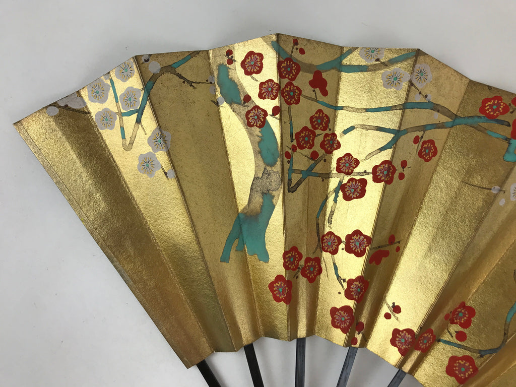 Japanese Folding Fan Shimaisen Sensu Vtg Bamboo Frame Gold Plum Blossom 4D718
