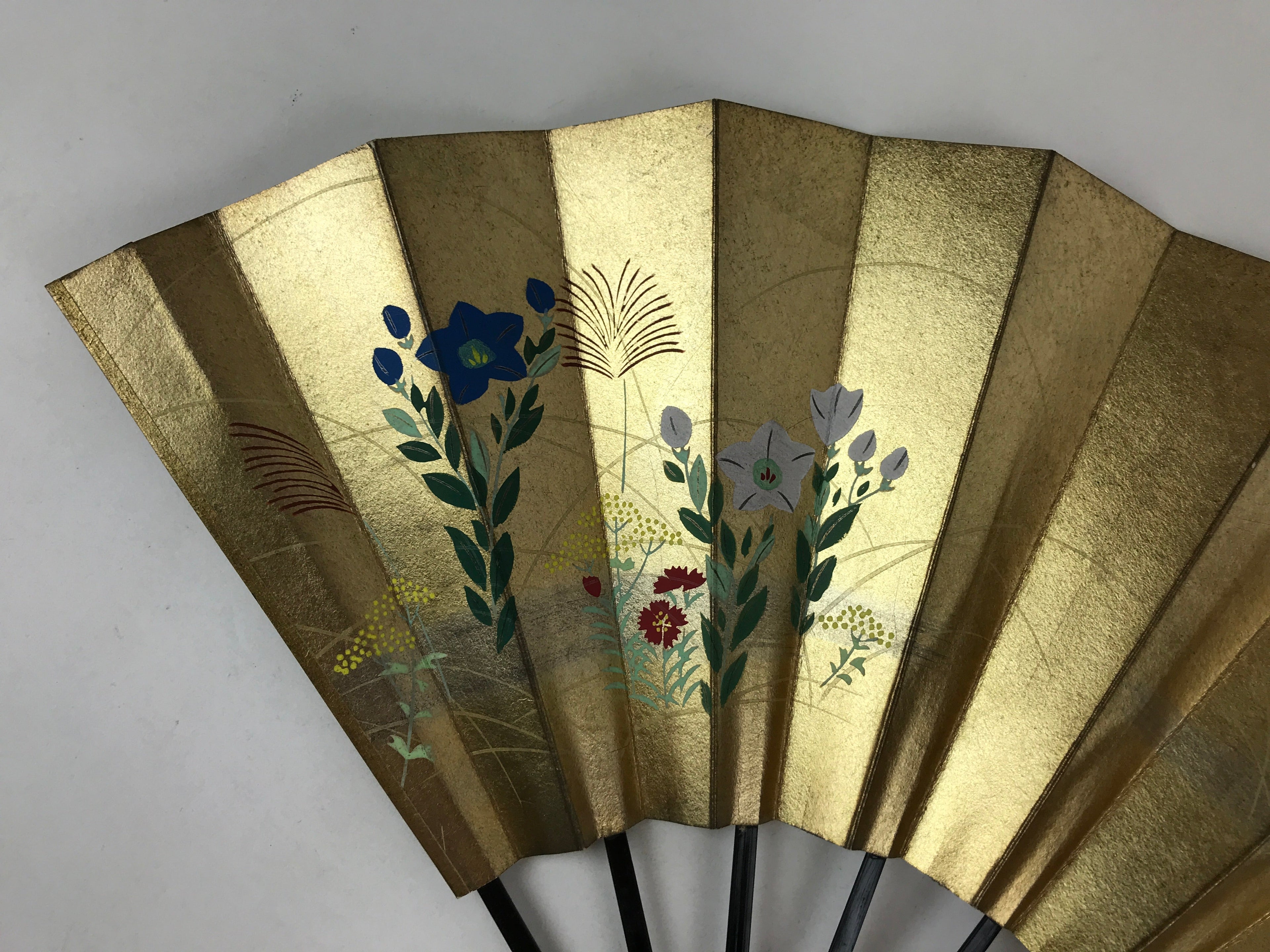 Japanese Folding Fan Shimaisen Sensu Vtg Bamboo Frame Gold Plum Blossom 4D718